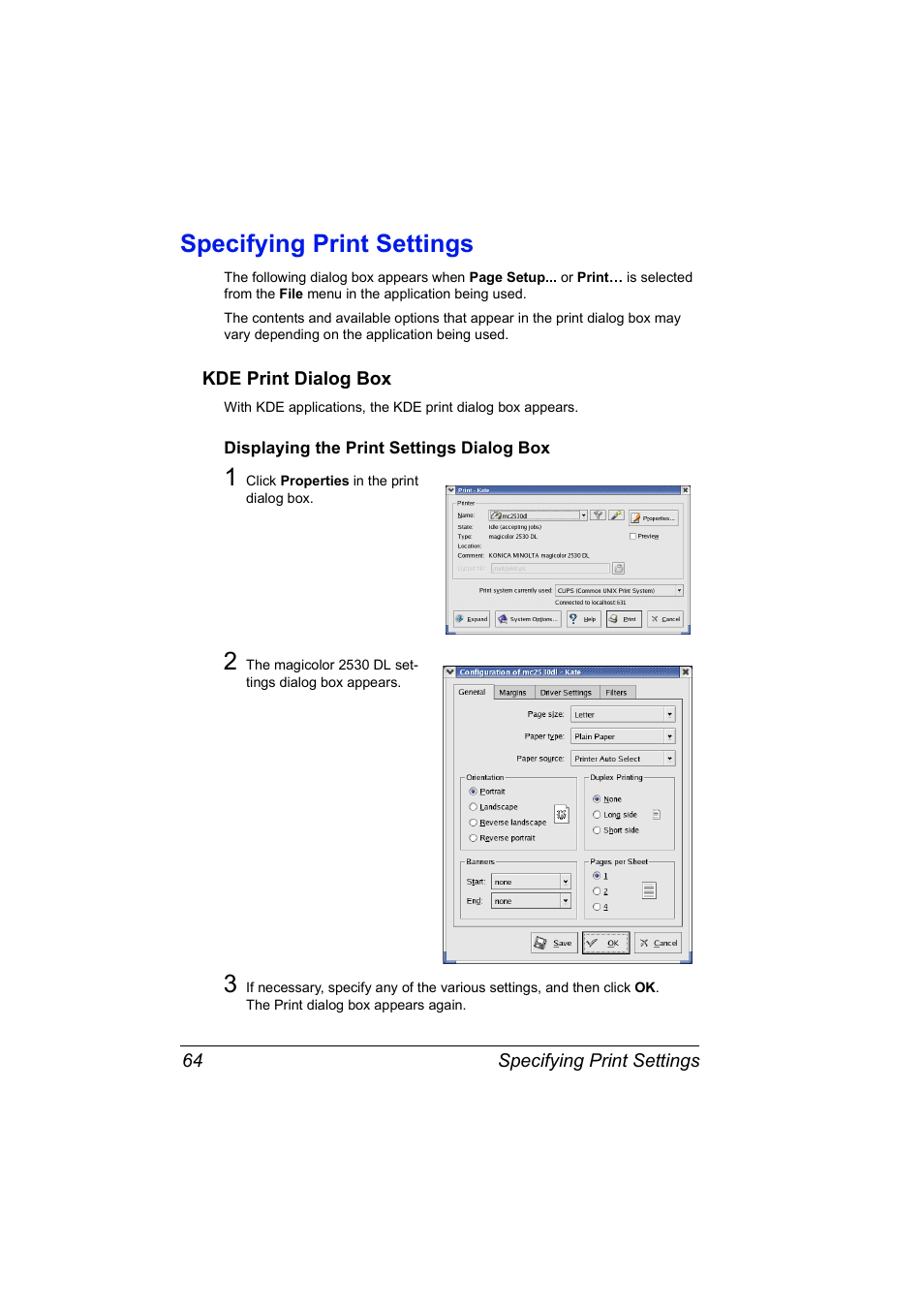 Specifying print settings, Kde print dialog box, Displaying the print settings dialog box | Specifying print settings 64, Kde print dialog box 64, Displaying the print settings dialog box 64 | Konica Minolta magicolor 2530 User Manual | Page 72 / 144