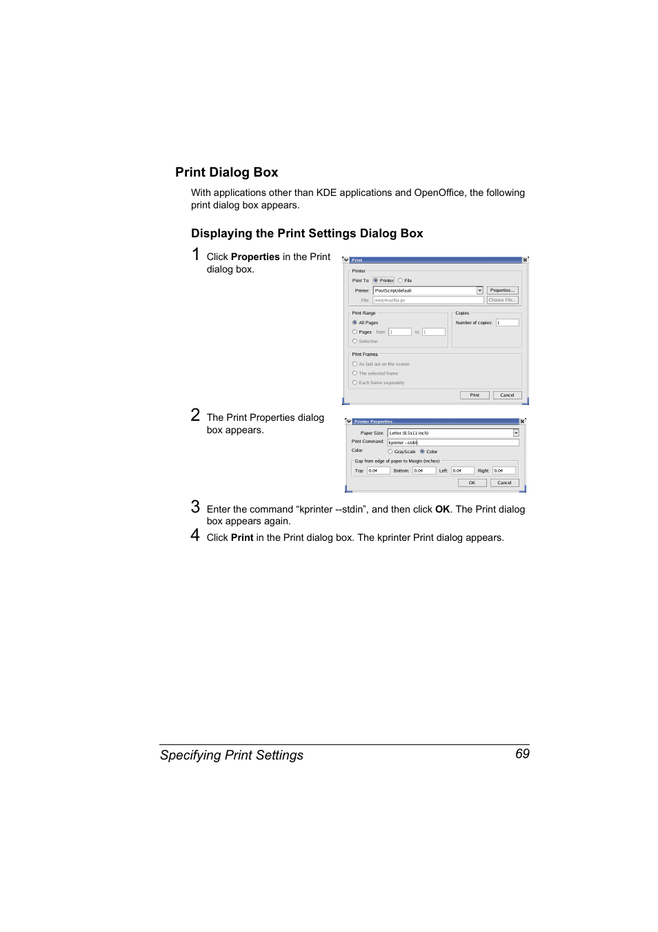 Print dialog box, Displaying the print settings dialog box, Print dialog box 69 | Displaying the print settings dialog box 69 | Konica Minolta magicolor 2530 User Manual | Page 77 / 144