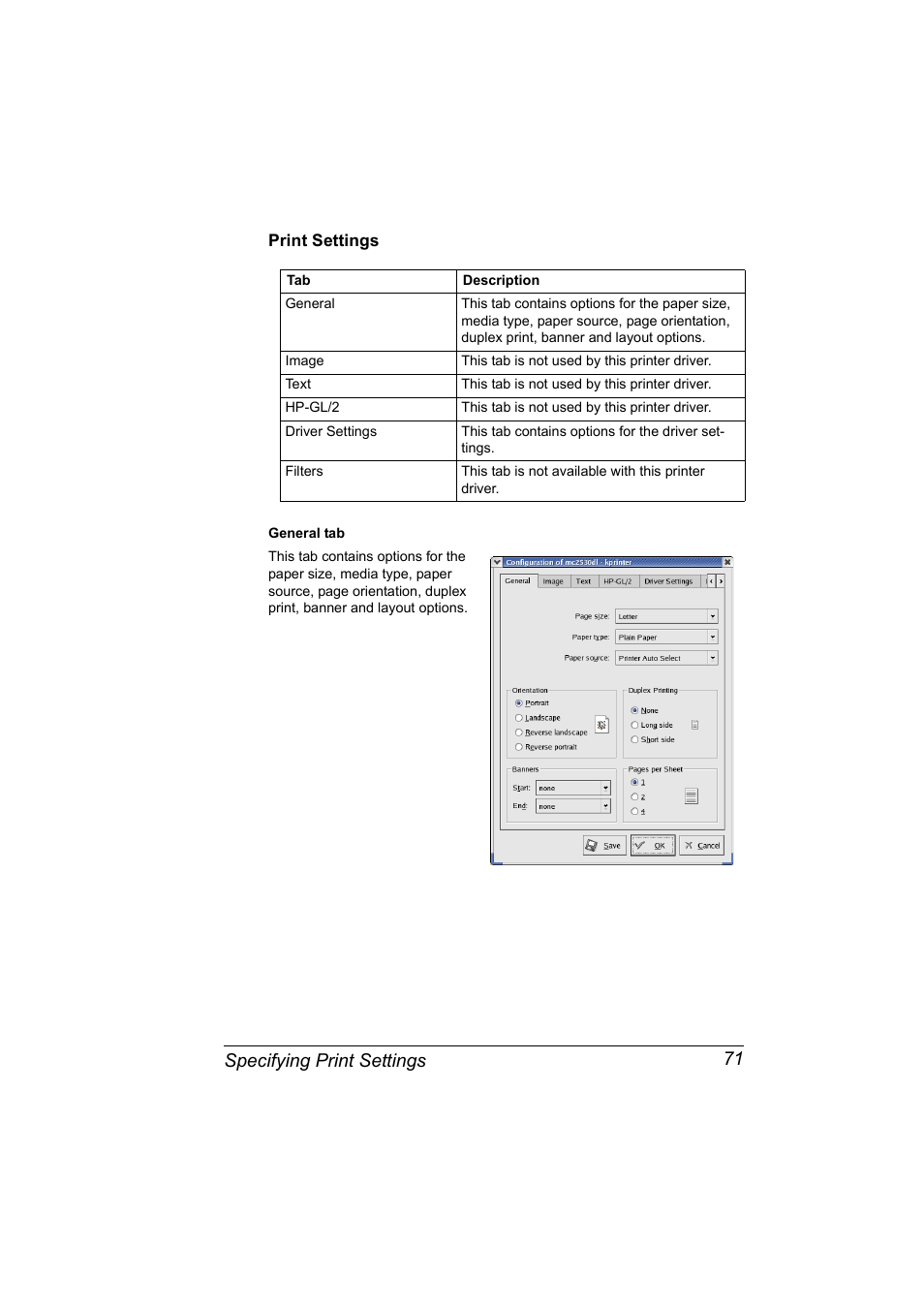 Print settings, Print settings 71, Specifying print settings 71 | Konica Minolta magicolor 2530 User Manual | Page 79 / 144