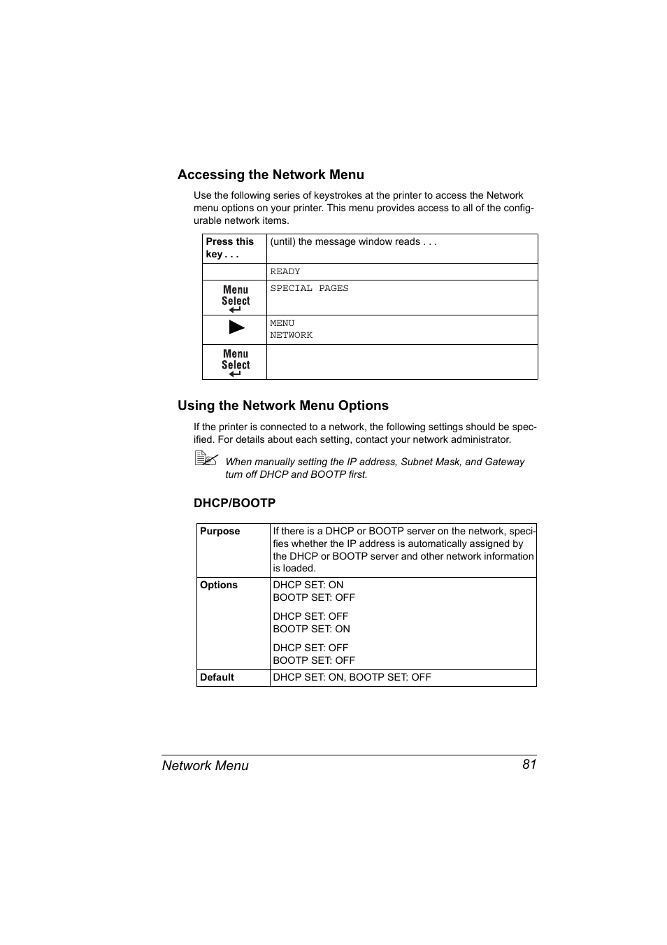 Accessing the network menu, Using the network menu options, Dhcp/bootp | Dhcp/bootp 81, Network menu 81 accessing the network menu | Konica Minolta magicolor 2530 User Manual | Page 89 / 144