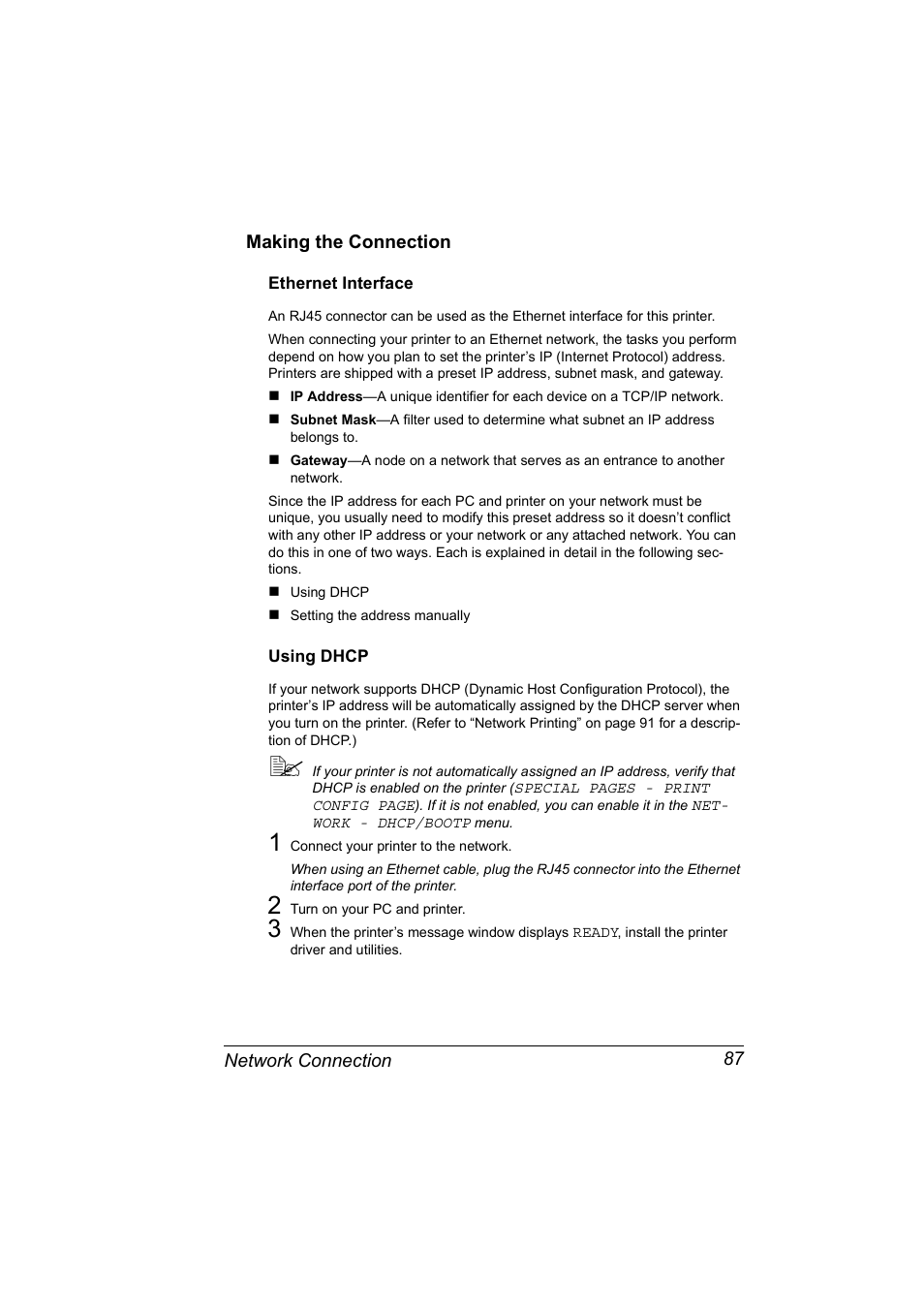 Making the connection, Ethernet interface, Using dhcp | Making the connection 87, Ethernet interface 87 using dhcp 87 | Konica Minolta magicolor 2530 User Manual | Page 95 / 144