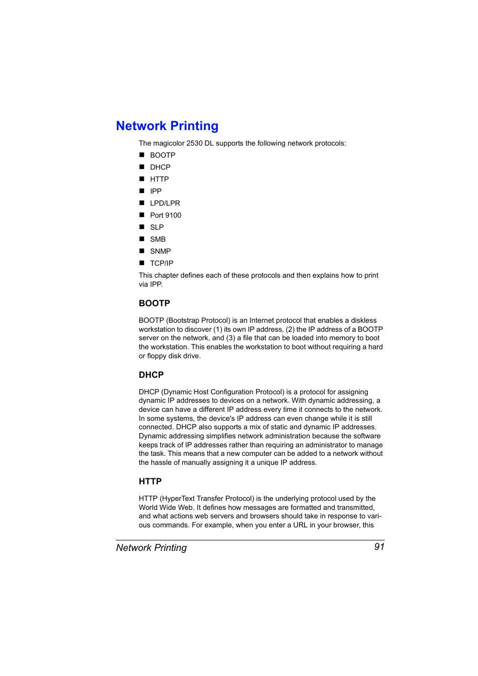 Network printing, Bootp, Dhcp | Http, Network printing 91, Bootp 91 dhcp 91 http 91 | Konica Minolta magicolor 2530 User Manual | Page 99 / 144