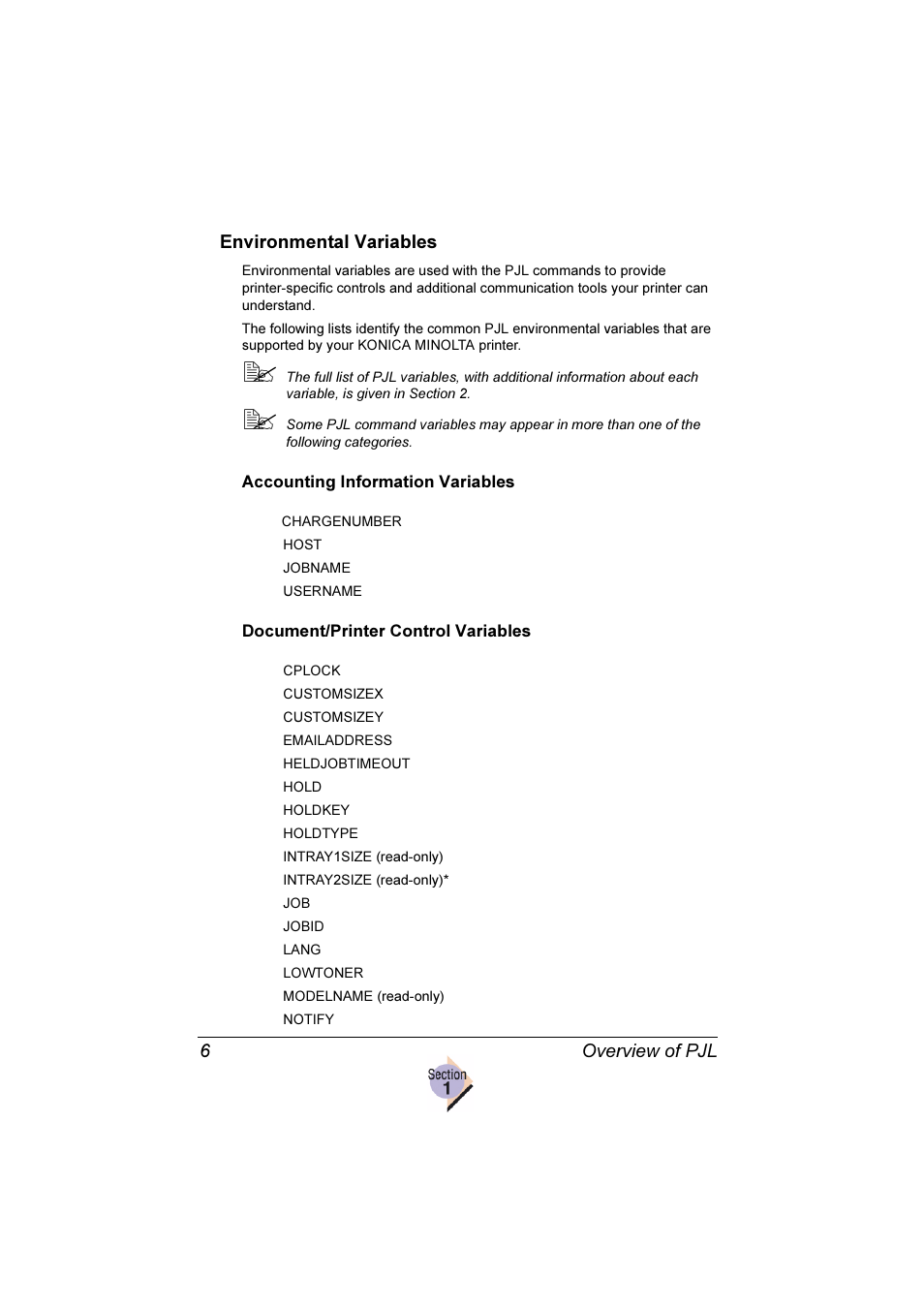 Overview of pjl 6 environmental variables | Konica Minolta Magicolor 2350EN User Manual | Page 10 / 82