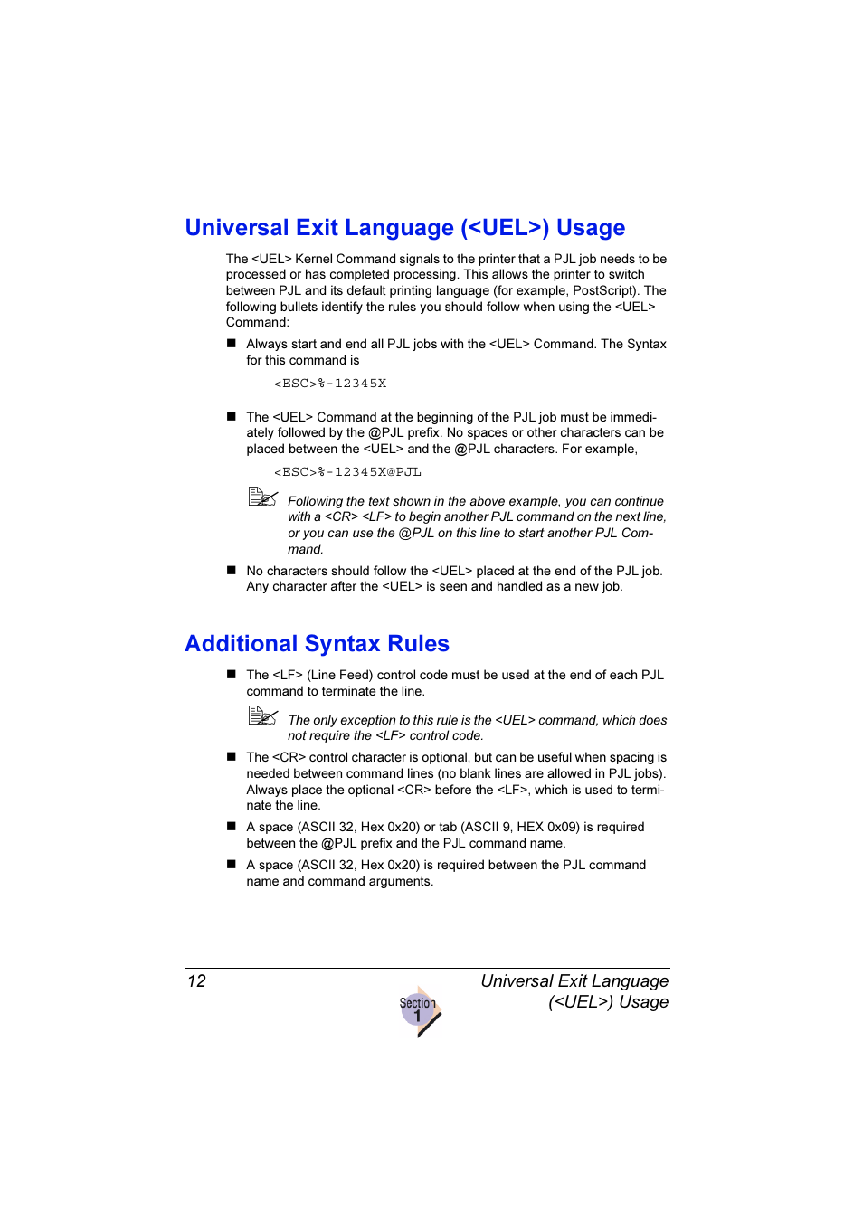 Universal exit language (<uel>) usage, Additional syntax rules | Konica Minolta Magicolor 2350EN User Manual | Page 16 / 82