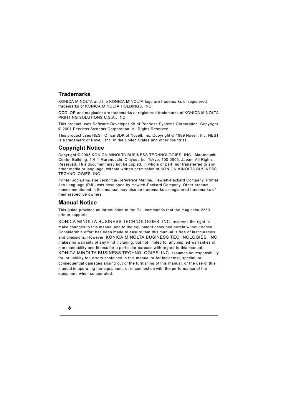 Trademarks, Copyright notice, Manual notice | Konica Minolta Magicolor 2350EN User Manual | Page 2 / 82