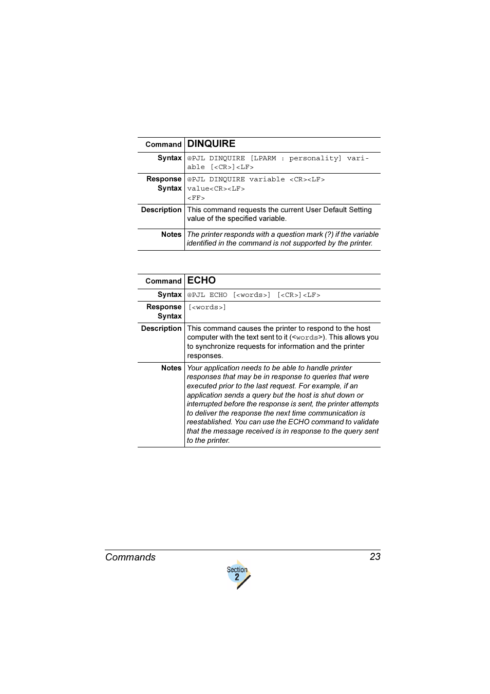 Commands 23, Dinquire, Echo | Konica Minolta Magicolor 2350EN User Manual | Page 27 / 82