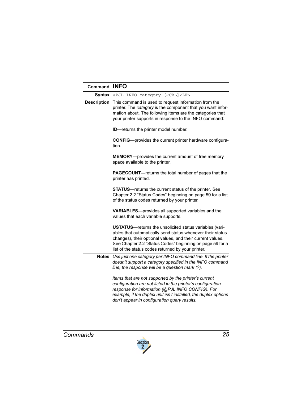 Commands 25, Info | Konica Minolta Magicolor 2350EN User Manual | Page 29 / 82