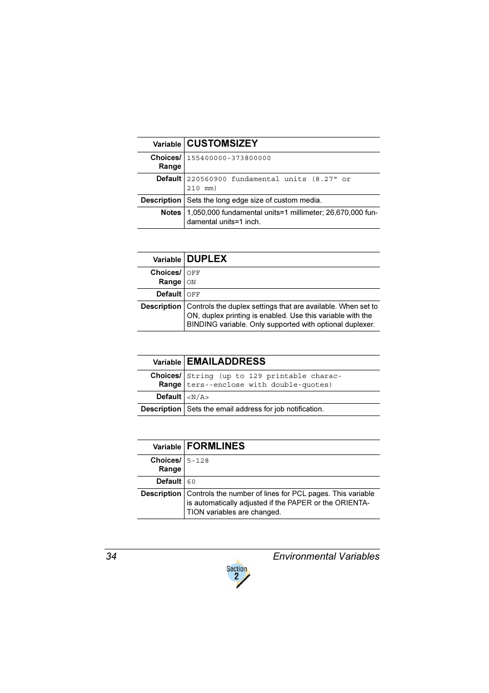 Environmental variables 34, Customsizey, Duplex | Emailaddress, Formlines | Konica Minolta Magicolor 2350EN User Manual | Page 38 / 82