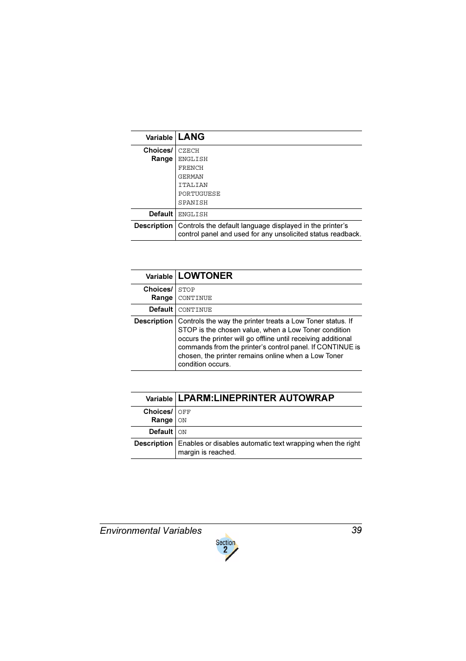 Environmental variables 39, Lang, Lowtoner | Lparm:lineprinter autowrap | Konica Minolta Magicolor 2350EN User Manual | Page 43 / 82