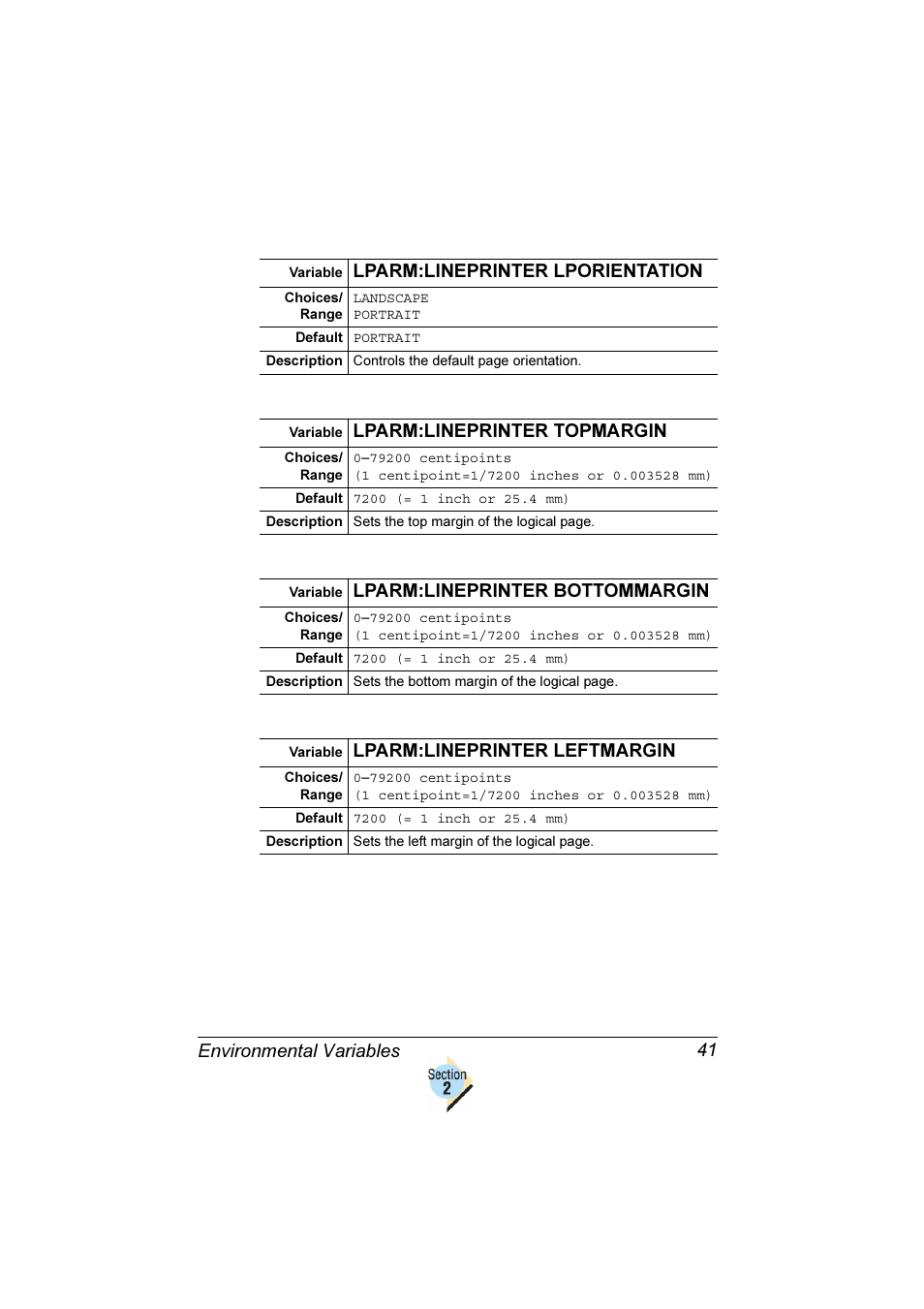 Environmental variables 41, Lparm:lineprinter lporientation, Lparm:lineprinter topmargin | Lparm:lineprinter bottommargin, Lparm:lineprinter leftmargin | Konica Minolta Magicolor 2350EN User Manual | Page 45 / 82