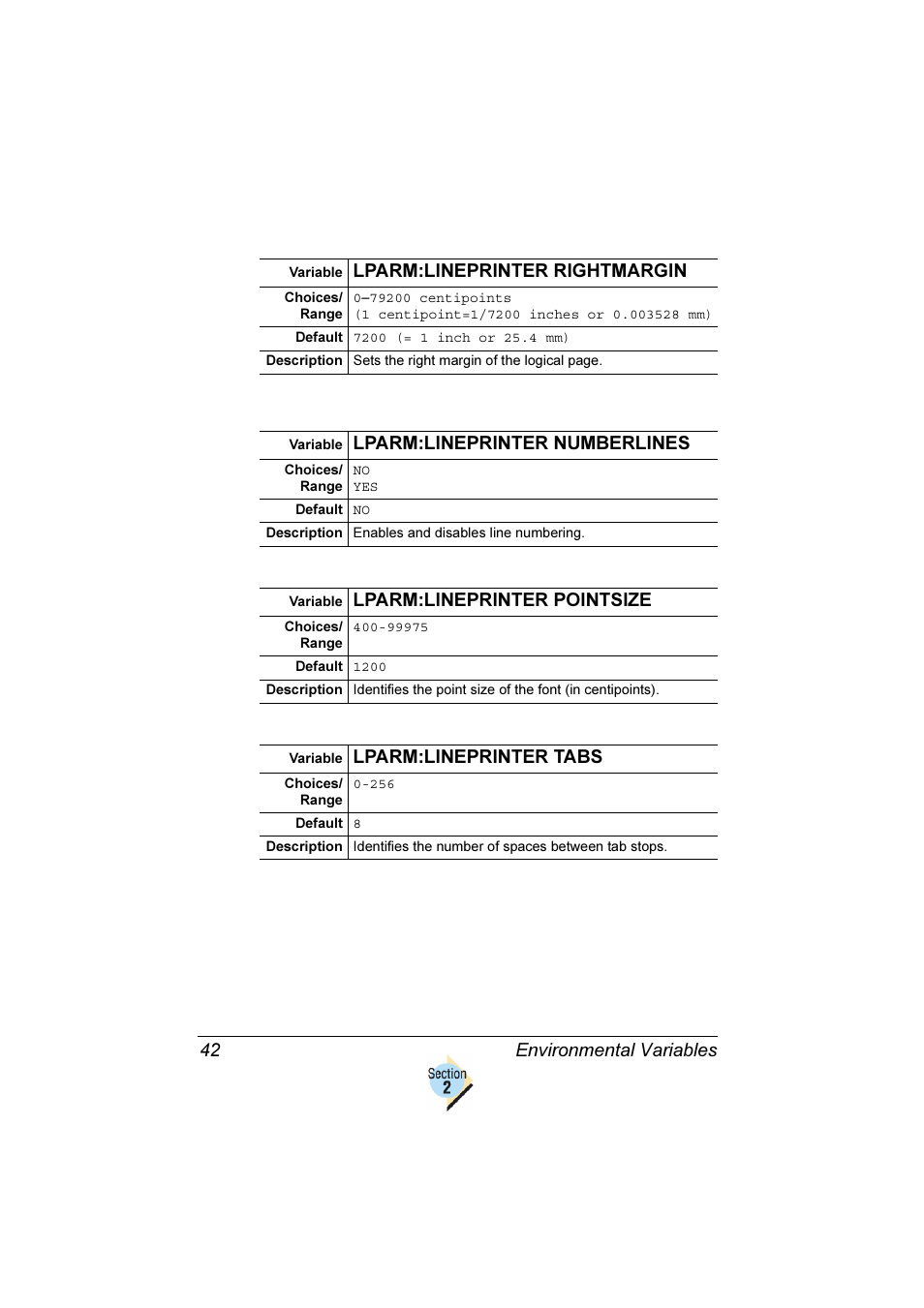 Environmental variables 42, Lparm:lineprinter rightmargin, Lparm:lineprinter numberlines | Lparm:lineprinter pointsize, Lparm:lineprinter tabs | Konica Minolta Magicolor 2350EN User Manual | Page 46 / 82