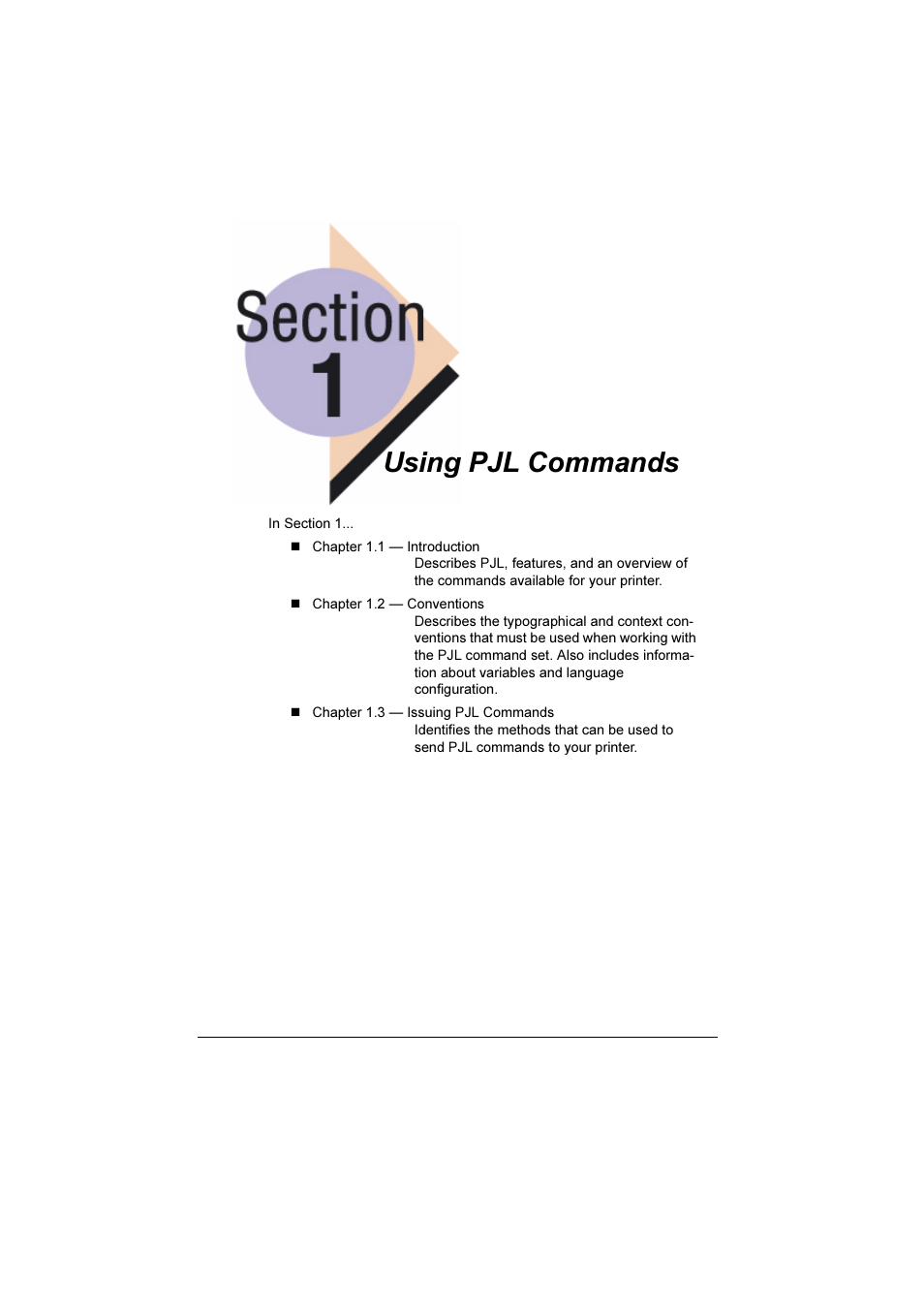 Section 1, Section 1: using pjl commands, Using pjl commands | Konica Minolta Magicolor 2350EN User Manual | Page 5 / 82