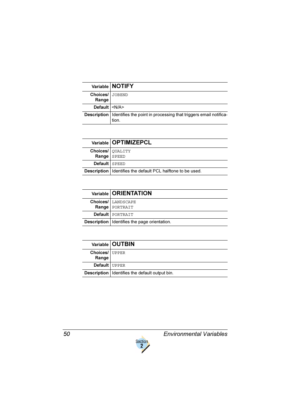 Environmental variables 50, Notify, Optimizepcl | Orientation, Outbin | Konica Minolta Magicolor 2350EN User Manual | Page 54 / 82