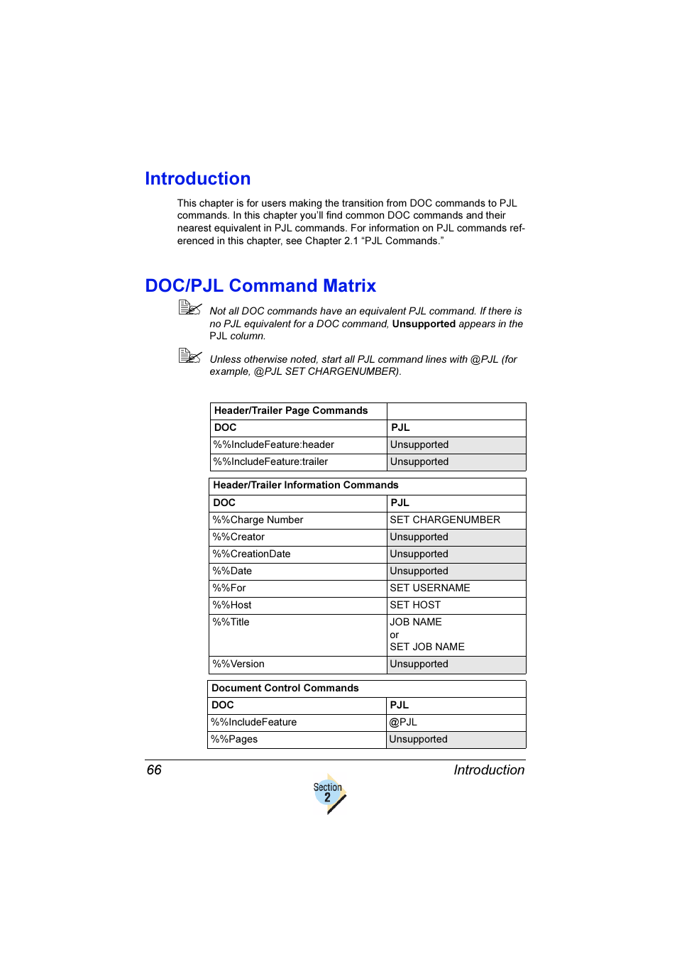 Introduction, Doc/pjl command matrix, Introduction 66 | Konica Minolta Magicolor 2350EN User Manual | Page 70 / 82
