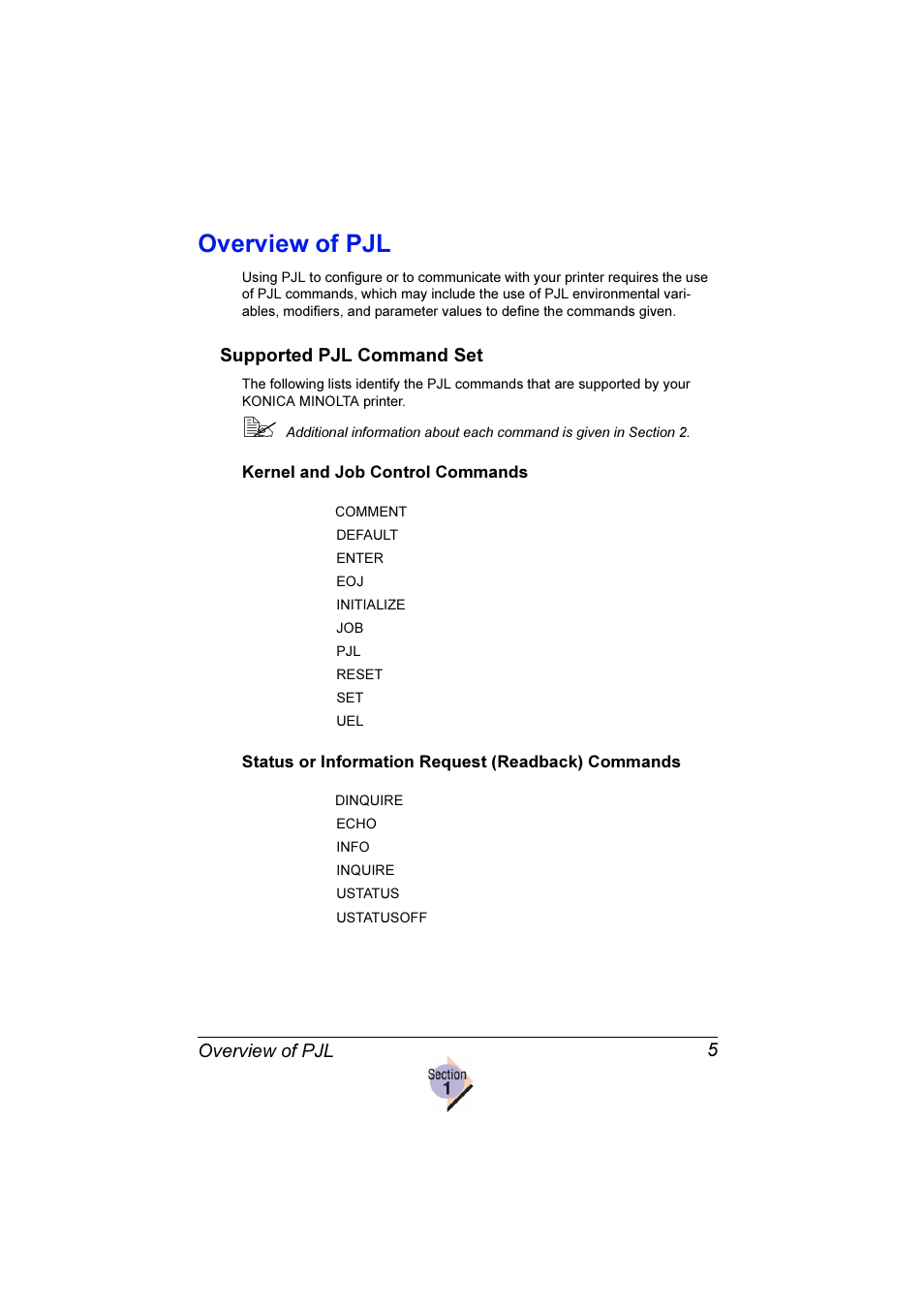 Overview of pjl, Overview of pjl 5, Supported pjl command set | Konica Minolta Magicolor 2350EN User Manual | Page 9 / 82