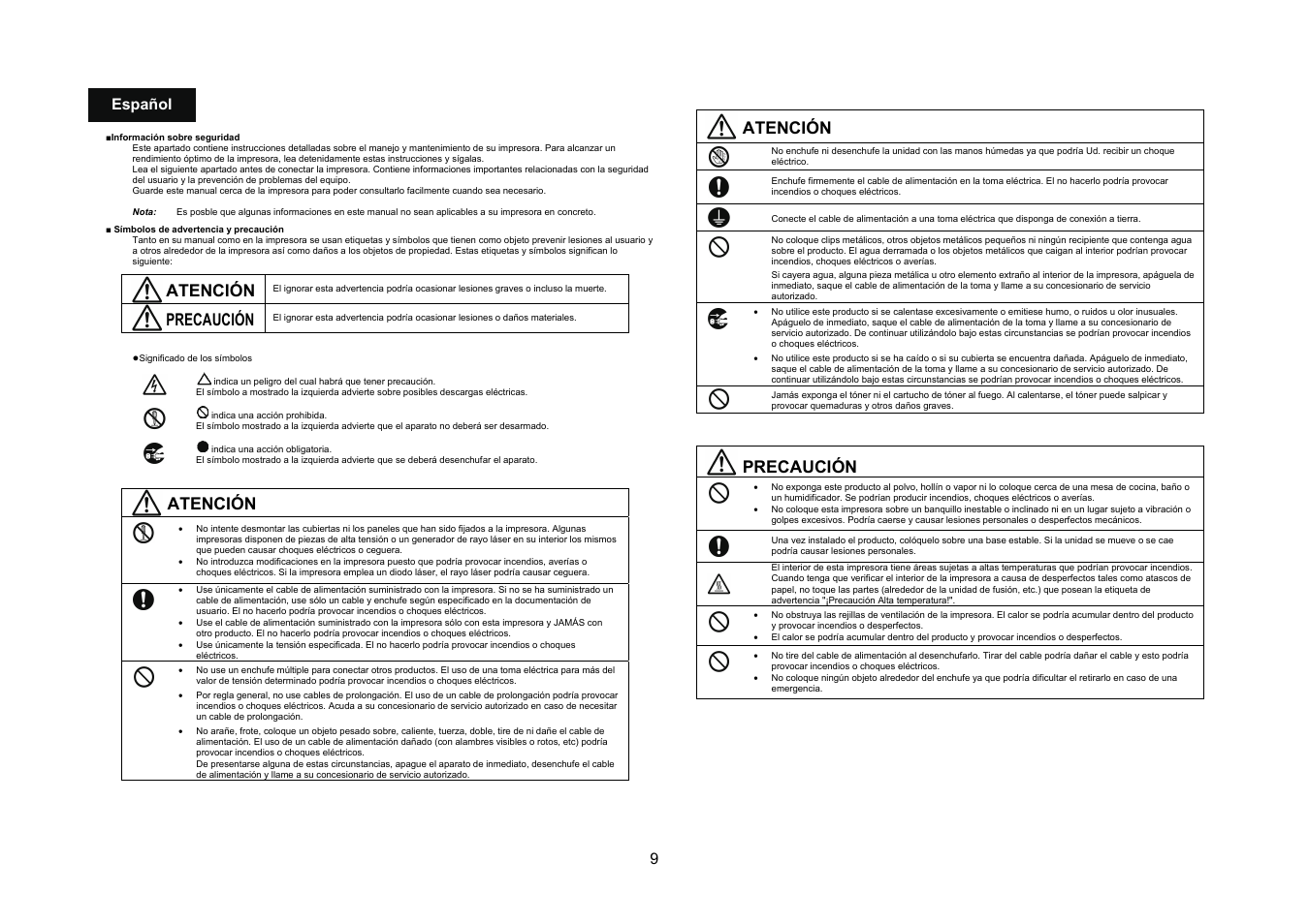 Atención, Precaución, 9español | Konica Minolta bizhub C31P User Manual | Page 10 / 40