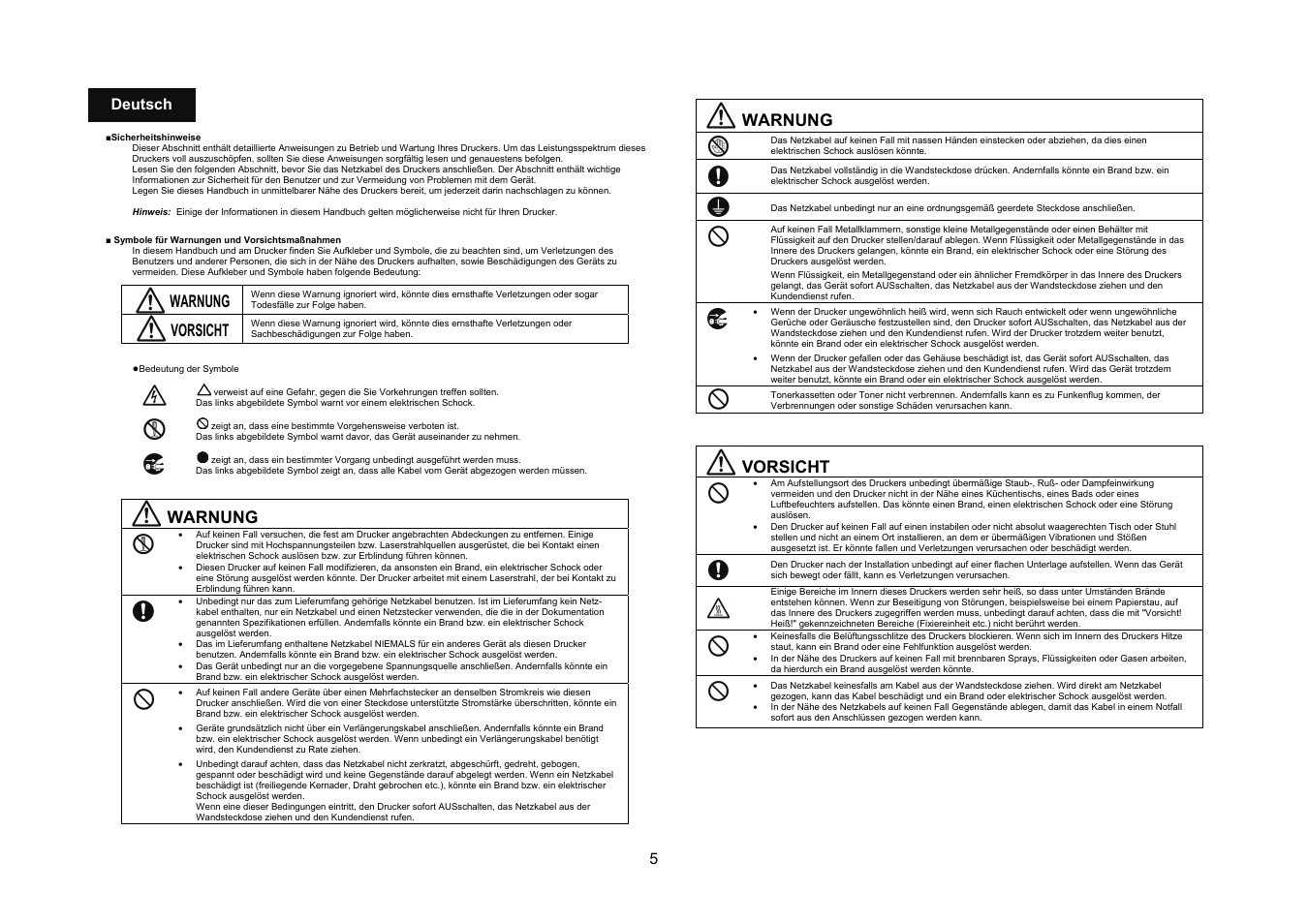 Warnung, Vorsicht, 5deutsch | Konica Minolta bizhub C31P User Manual | Page 6 / 40