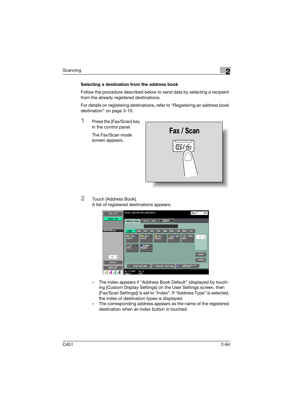 Selecting a destination from the address book, Selecting a destination from the address book -64, P. 2-64 | Konica Minolta bizhub C451 User Manual | Page 103 / 413