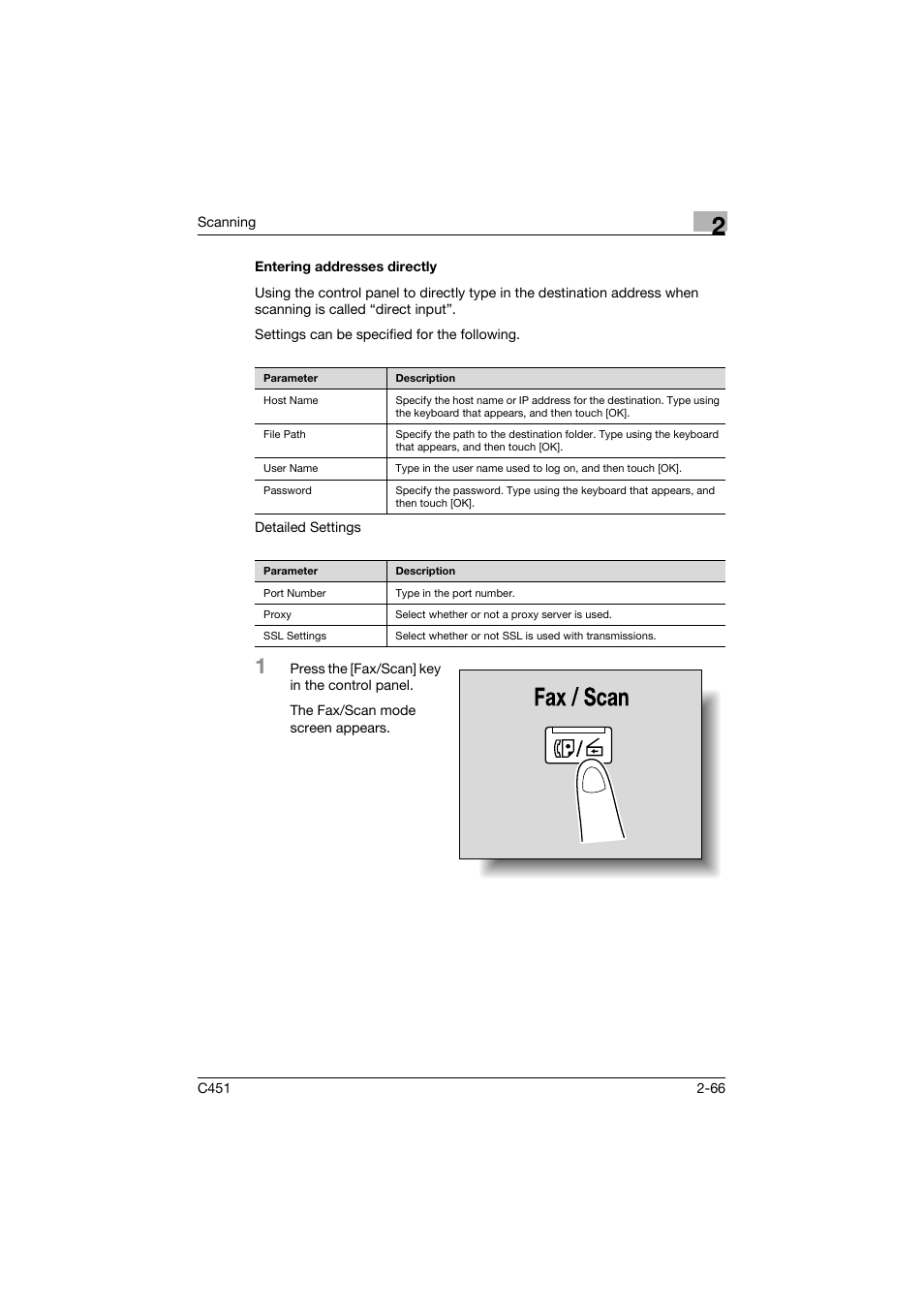 Entering addresses directly, Entering addresses directly -66, P. 2-66 | Konica Minolta bizhub C451 User Manual | Page 105 / 413