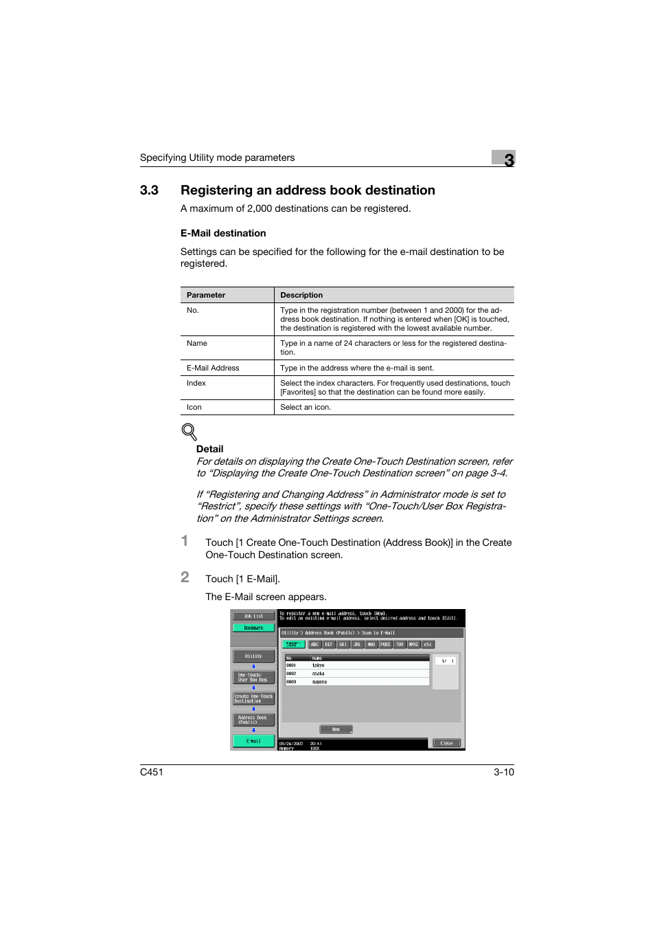 3 registering an address book destination, E-mail destination, Registering an address book destination -10 | E-mail destination -10 | Konica Minolta bizhub C451 User Manual | Page 176 / 413