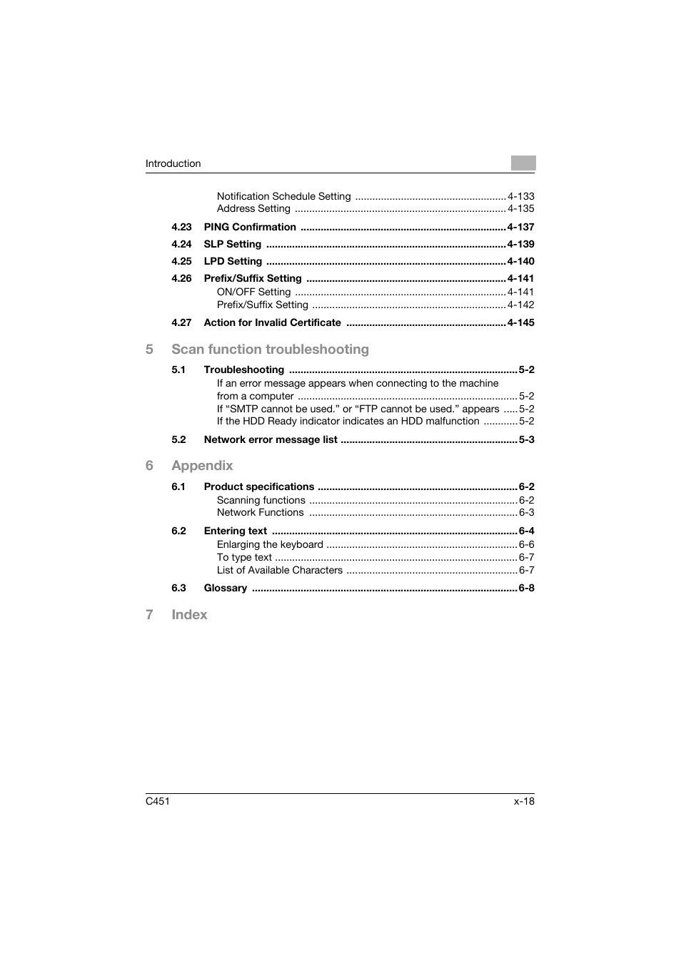 5scan function troubleshooting, 6appendix, 7index | Konica Minolta bizhub C451 User Manual | Page 19 / 413