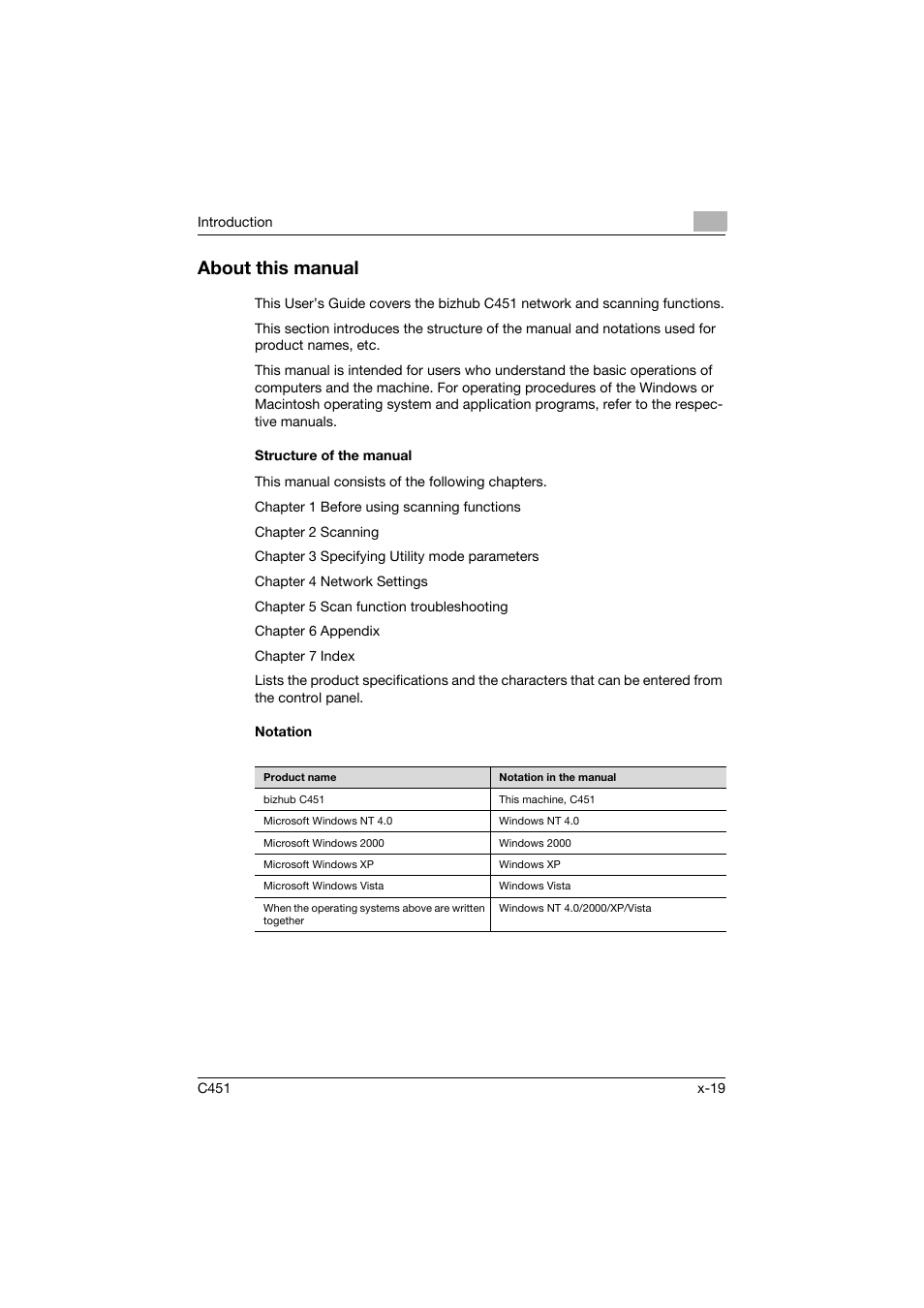 About this manual, Structure of the manual, Notation | Konica Minolta bizhub C451 User Manual | Page 20 / 413