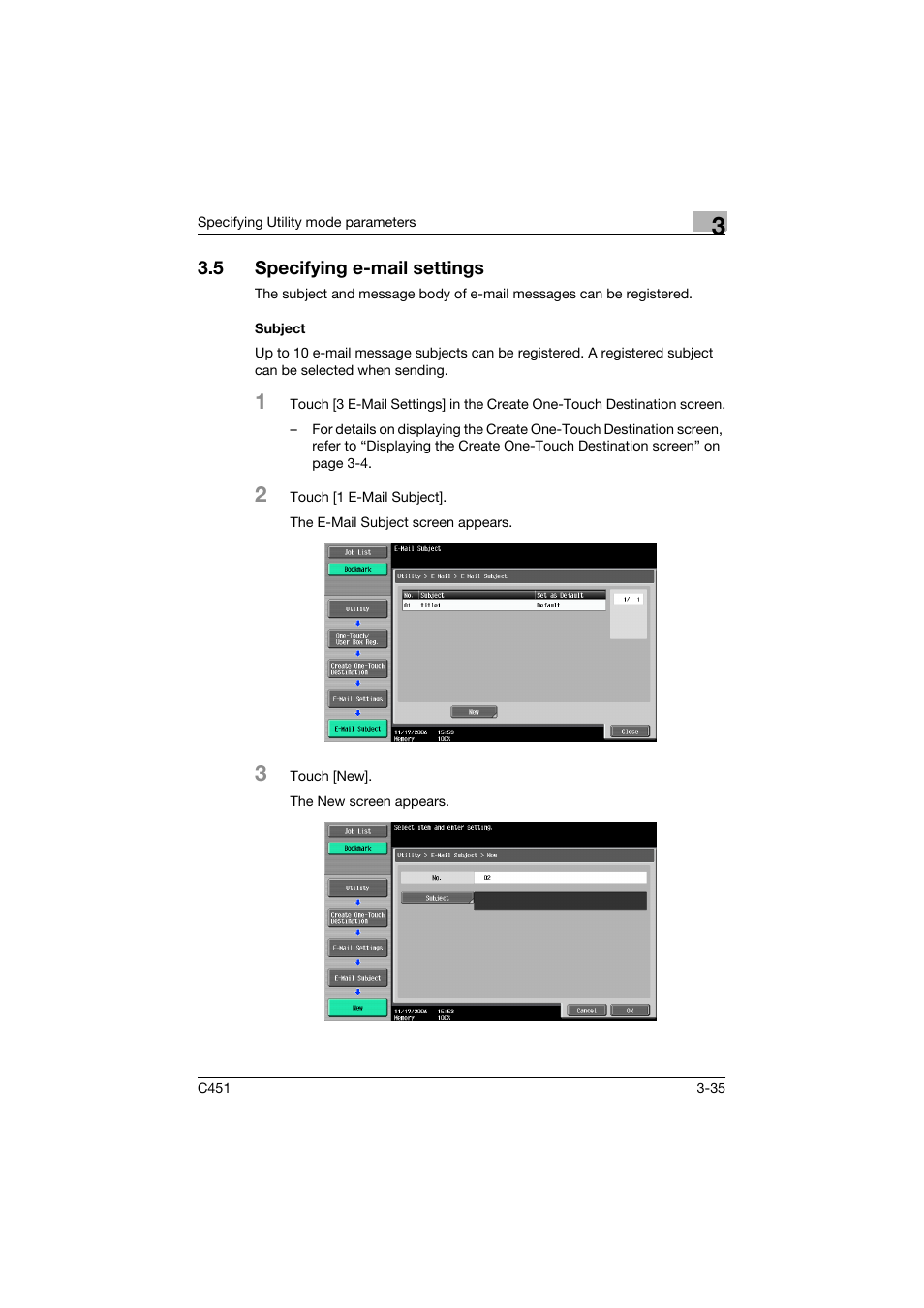 5 specifying e-mail settings, Subject, Specifying e-mail settings -35 | Subject -35 | Konica Minolta bizhub C451 User Manual | Page 201 / 413