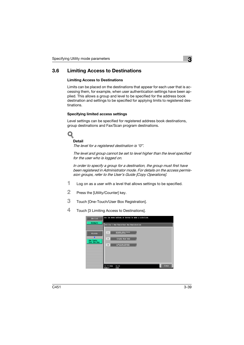 6 limiting access to destinations, Limiting access to destinations, Specifying limited access settings | Limiting access to destinations -39 | Konica Minolta bizhub C451 User Manual | Page 205 / 413