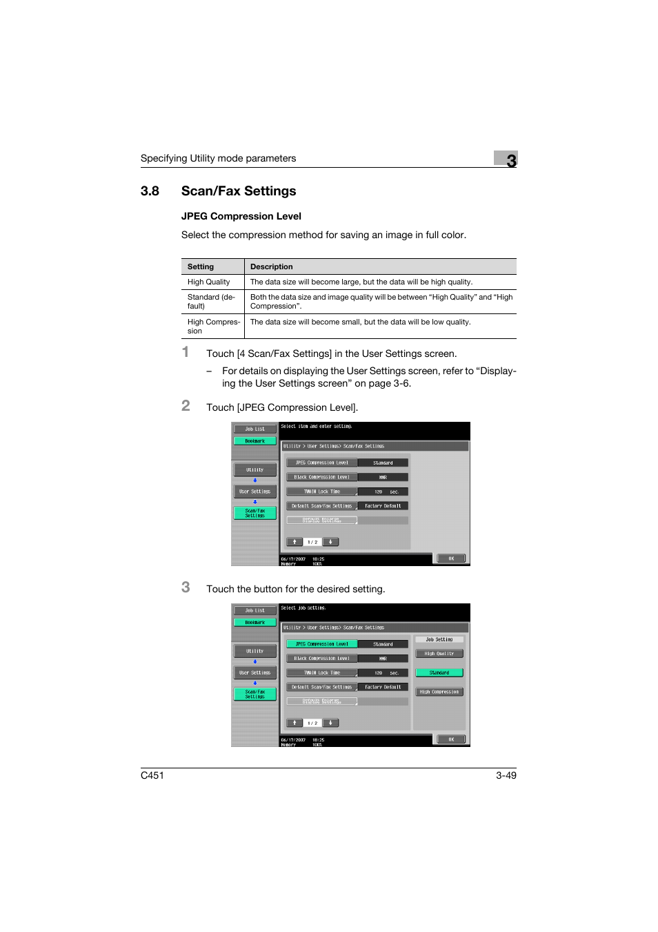 8 scan/fax settings, Jpeg compression level, Scan/fax settings -49 | Jpeg compression level -49 | Konica Minolta bizhub C451 User Manual | Page 215 / 413