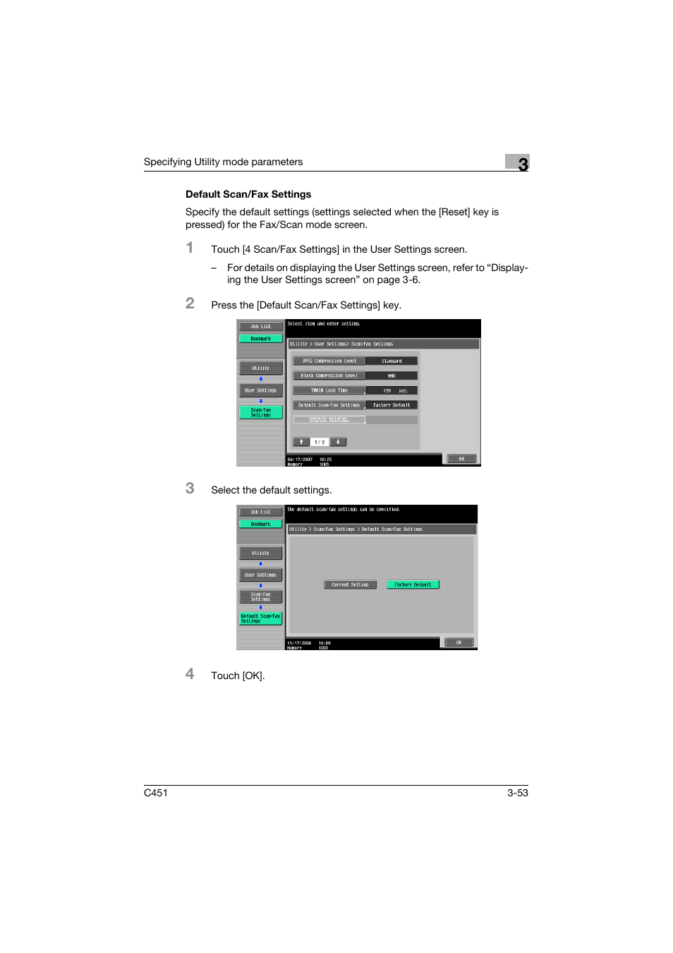 Default scan/fax settings, Default scan/fax settings -53 | Konica Minolta bizhub C451 User Manual | Page 219 / 413