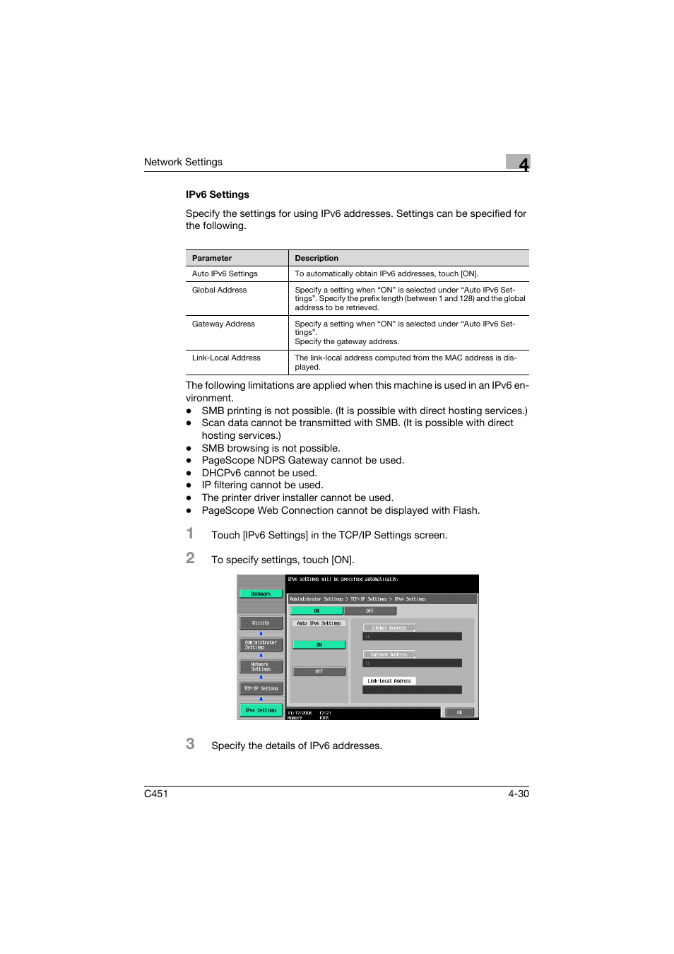 Ipv6 settings, Ipv6 settings -30 | Konica Minolta bizhub C451 User Manual | Page 275 / 413