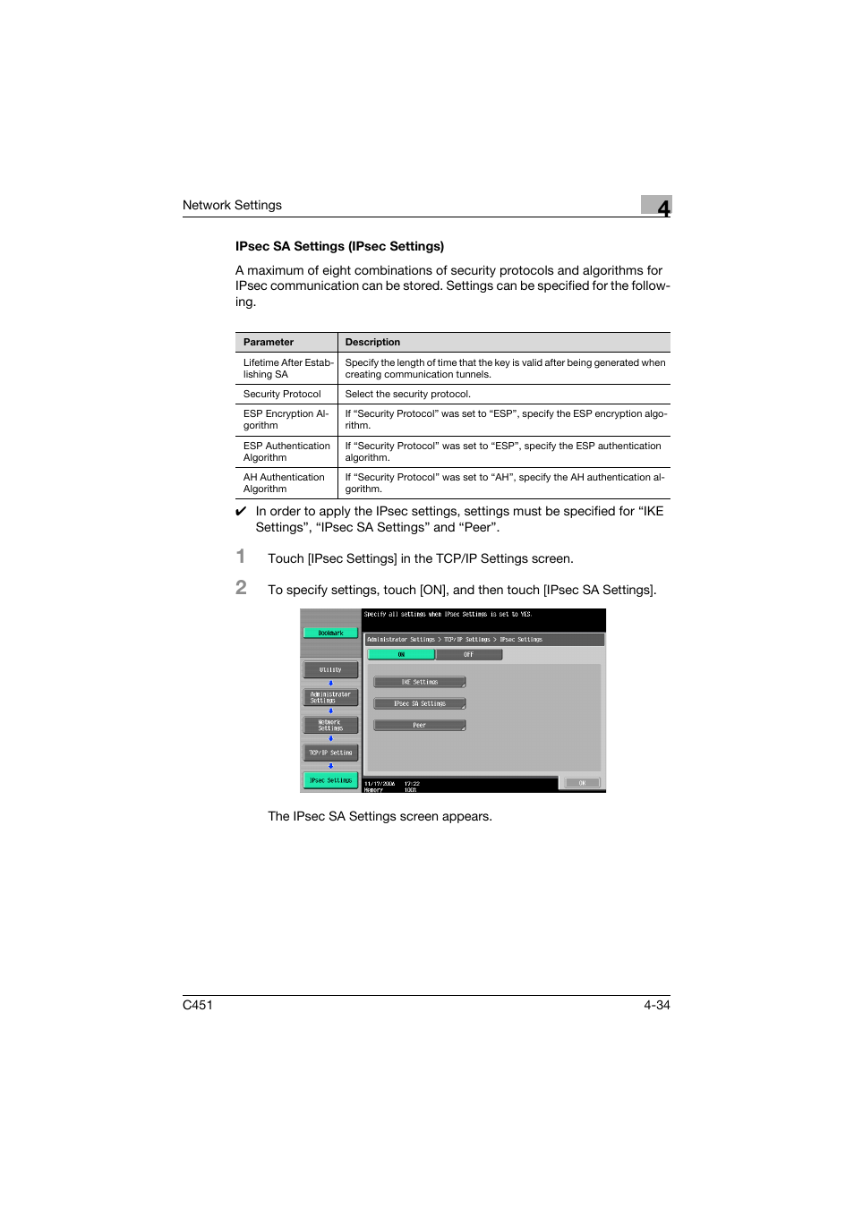 Ipsec sa settings (ipsec settings), Ipsec sa settings (ipsec settings) -34 | Konica Minolta bizhub C451 User Manual | Page 279 / 413