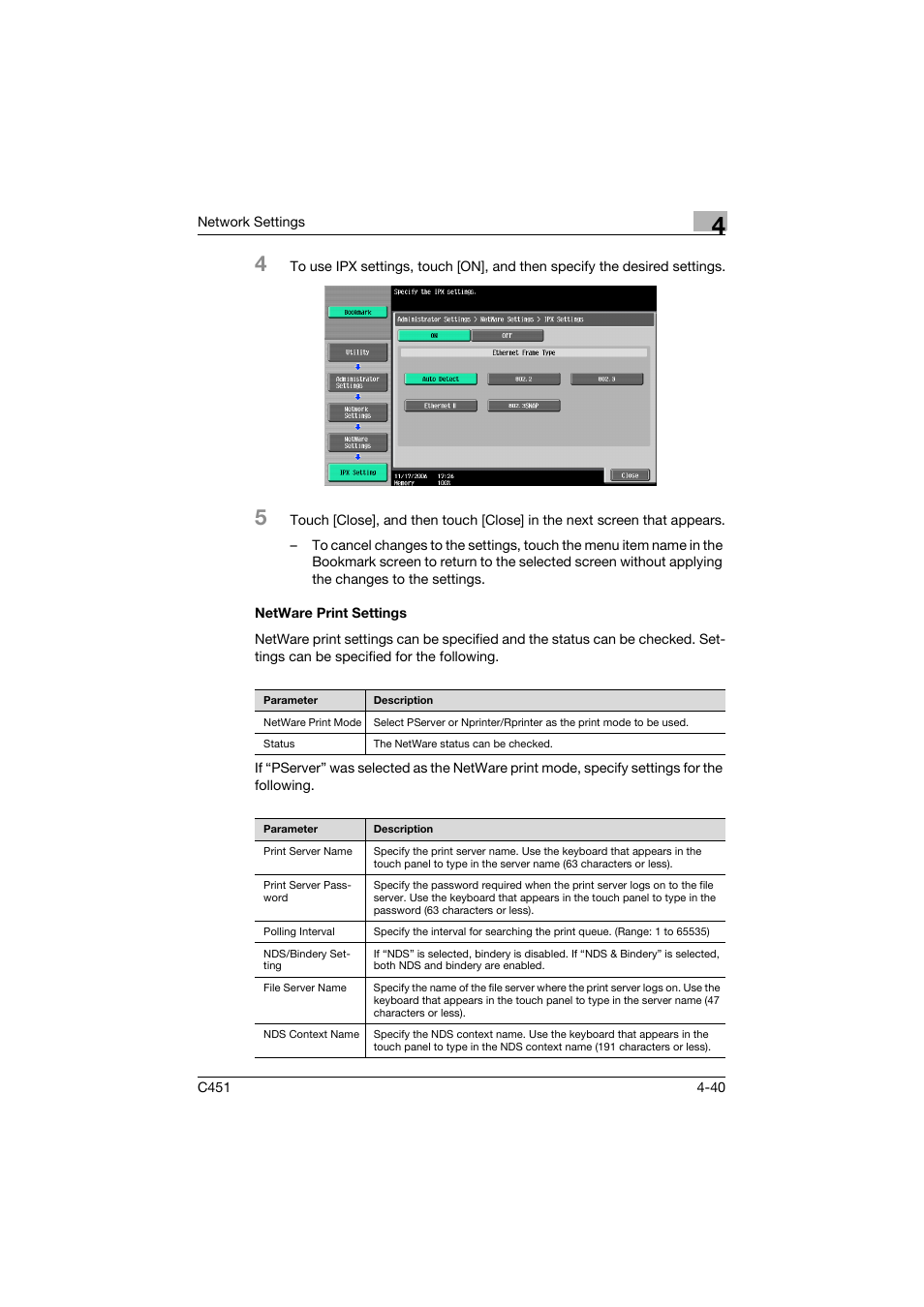 Netware print settings, Netware print settings -40 | Konica Minolta bizhub C451 User Manual | Page 285 / 413