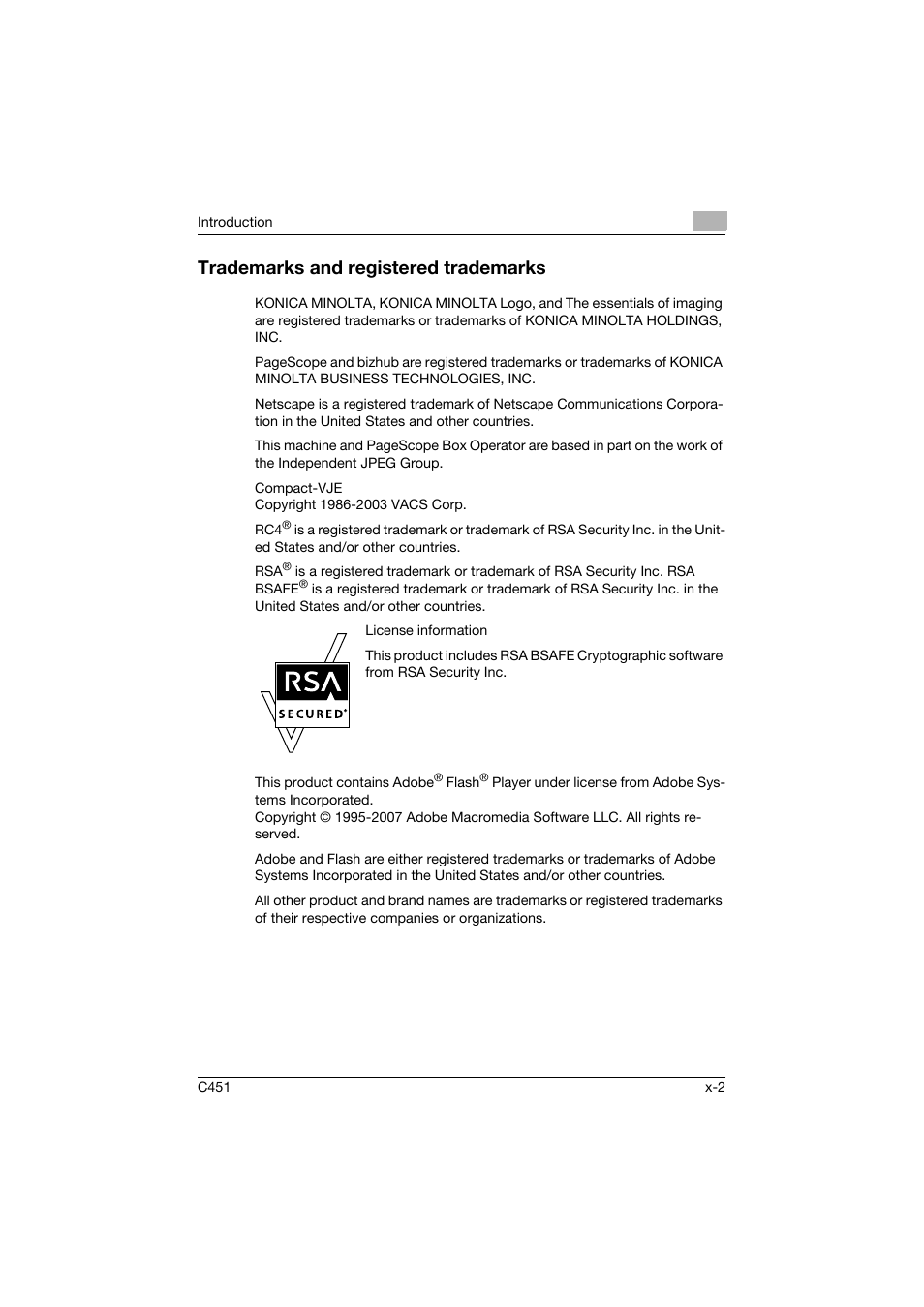 Trademarks and registered trademarks | Konica Minolta bizhub C451 User Manual | Page 3 / 413