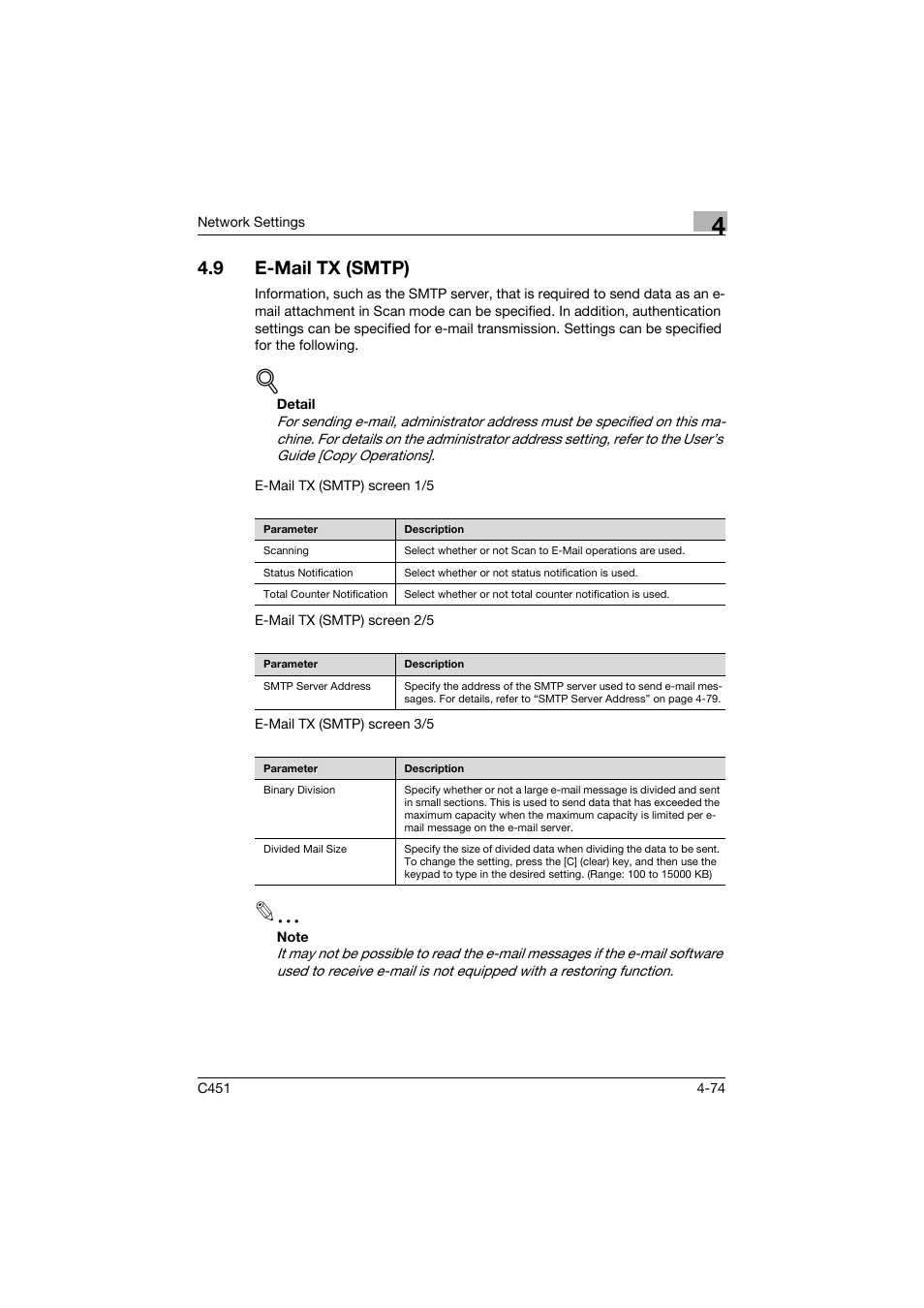 9 e-mail tx (smtp), E-mail tx (smtp) -74 | Konica Minolta bizhub C451 User Manual | Page 319 / 413