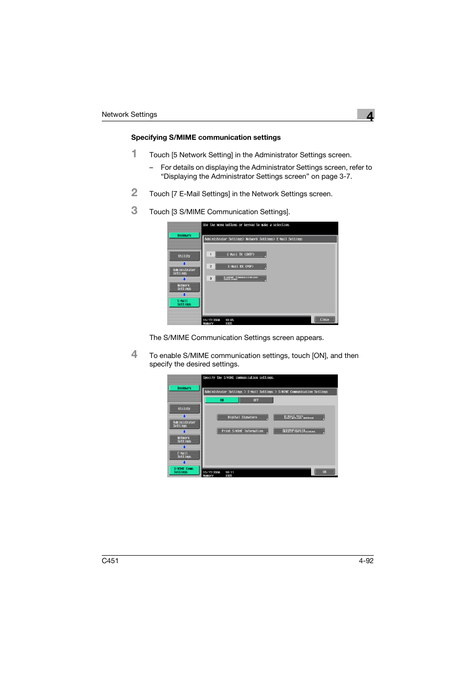 Specifying s/mime communication settings, Specifying s/mime communication settings -92 | Konica Minolta bizhub C451 User Manual | Page 337 / 413