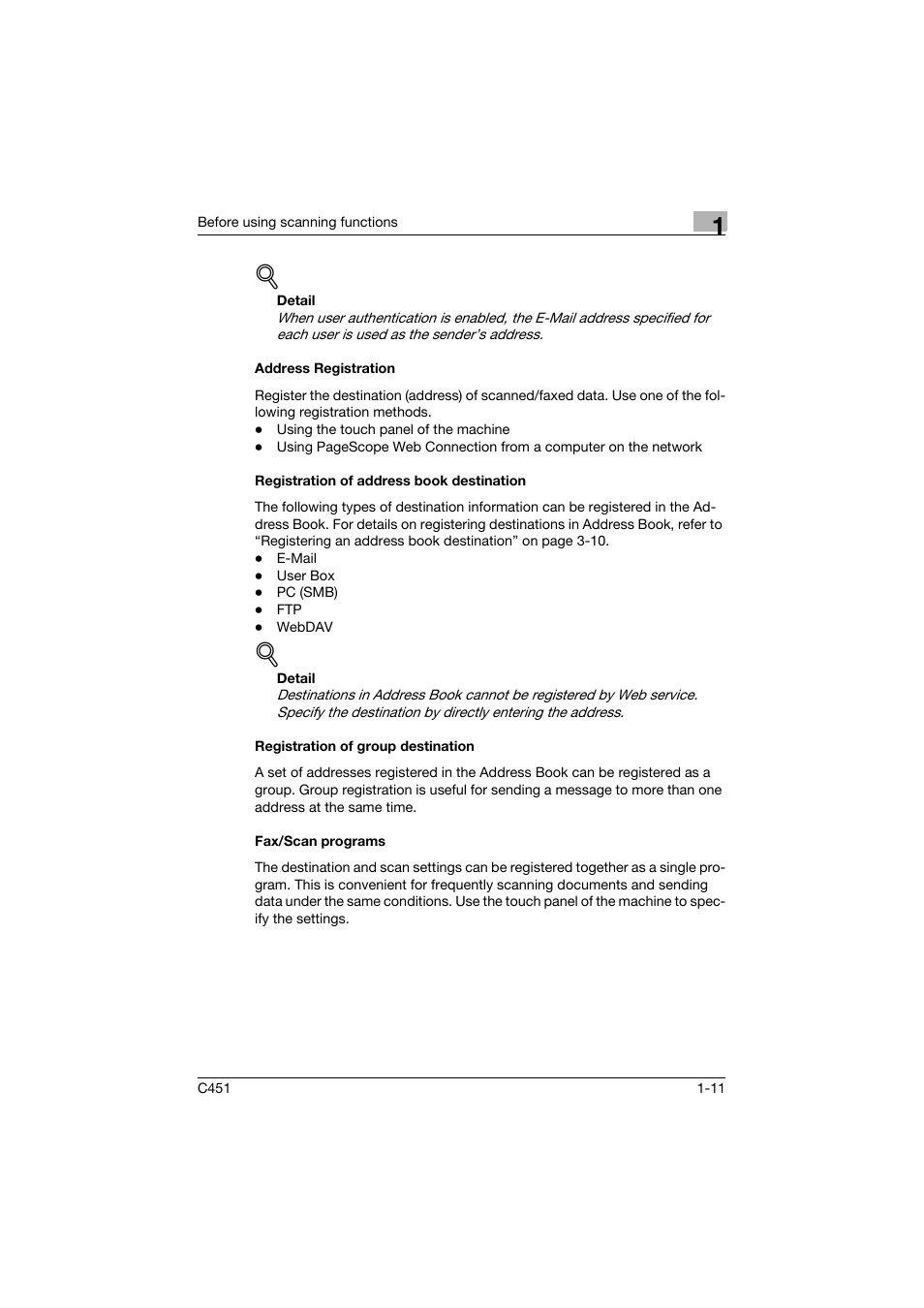 Address registration, Registration of address book destination, Registration of group destination | Fax/scan programs | Konica Minolta bizhub C451 User Manual | Page 35 / 413