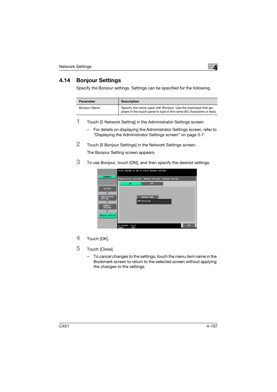 14 bonjour settings, Bonjour settings -107 | Konica Minolta bizhub C451 User Manual | Page 352 / 413