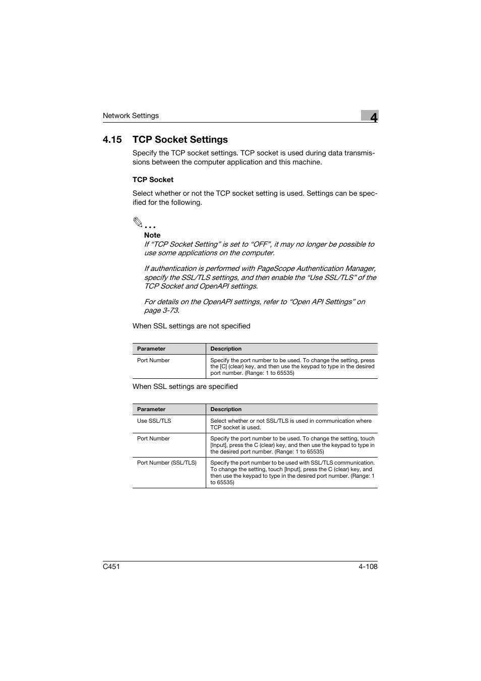 15 tcp socket settings, Tcp socket, Tcp socket settings -108 | Tcp socket -108 | Konica Minolta bizhub C451 User Manual | Page 353 / 413