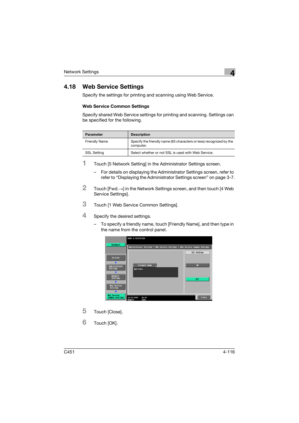 18 web service settings, Web service common settings, Web service settings -116 | Web service common settings -116 | Konica Minolta bizhub C451 User Manual | Page 361 / 413