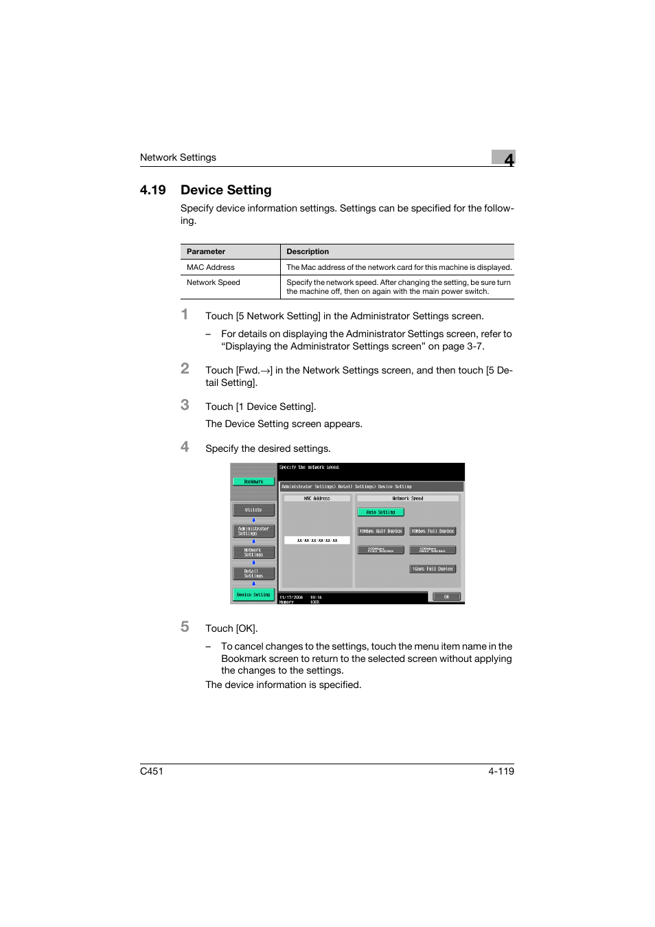 19 device setting, Device setting -119 | Konica Minolta bizhub C451 User Manual | Page 364 / 413