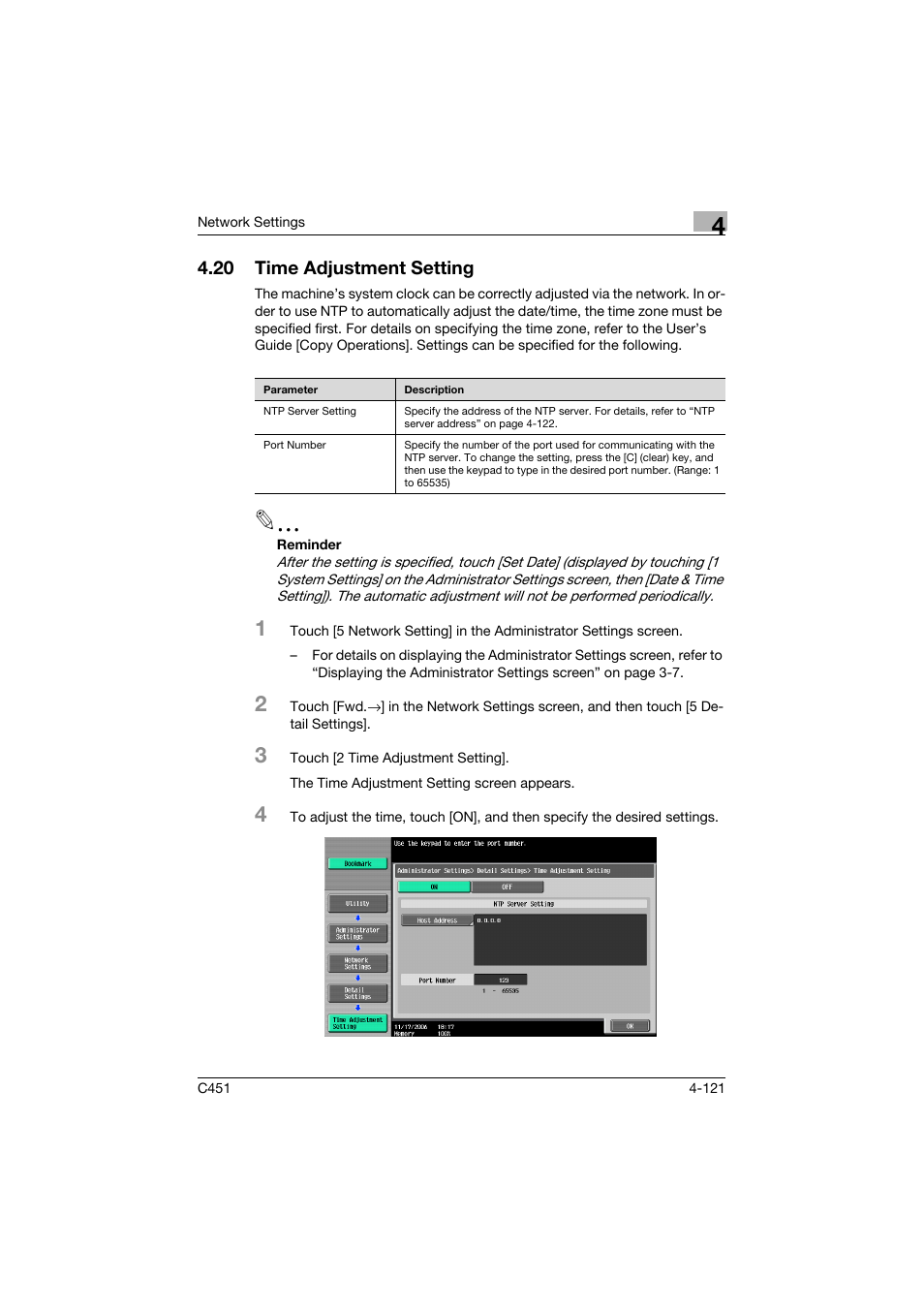 20 time adjustment setting, Time adjustment setting -121 | Konica Minolta bizhub C451 User Manual | Page 366 / 413