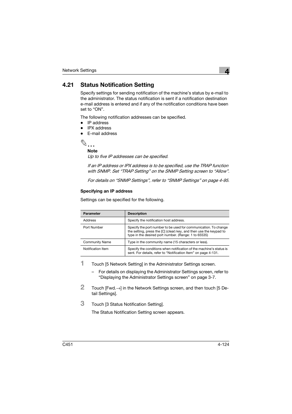 21 status notification setting, Specifying an ip address, Status notification setting -124 | Specifying an ip address -124 | Konica Minolta bizhub C451 User Manual | Page 369 / 413