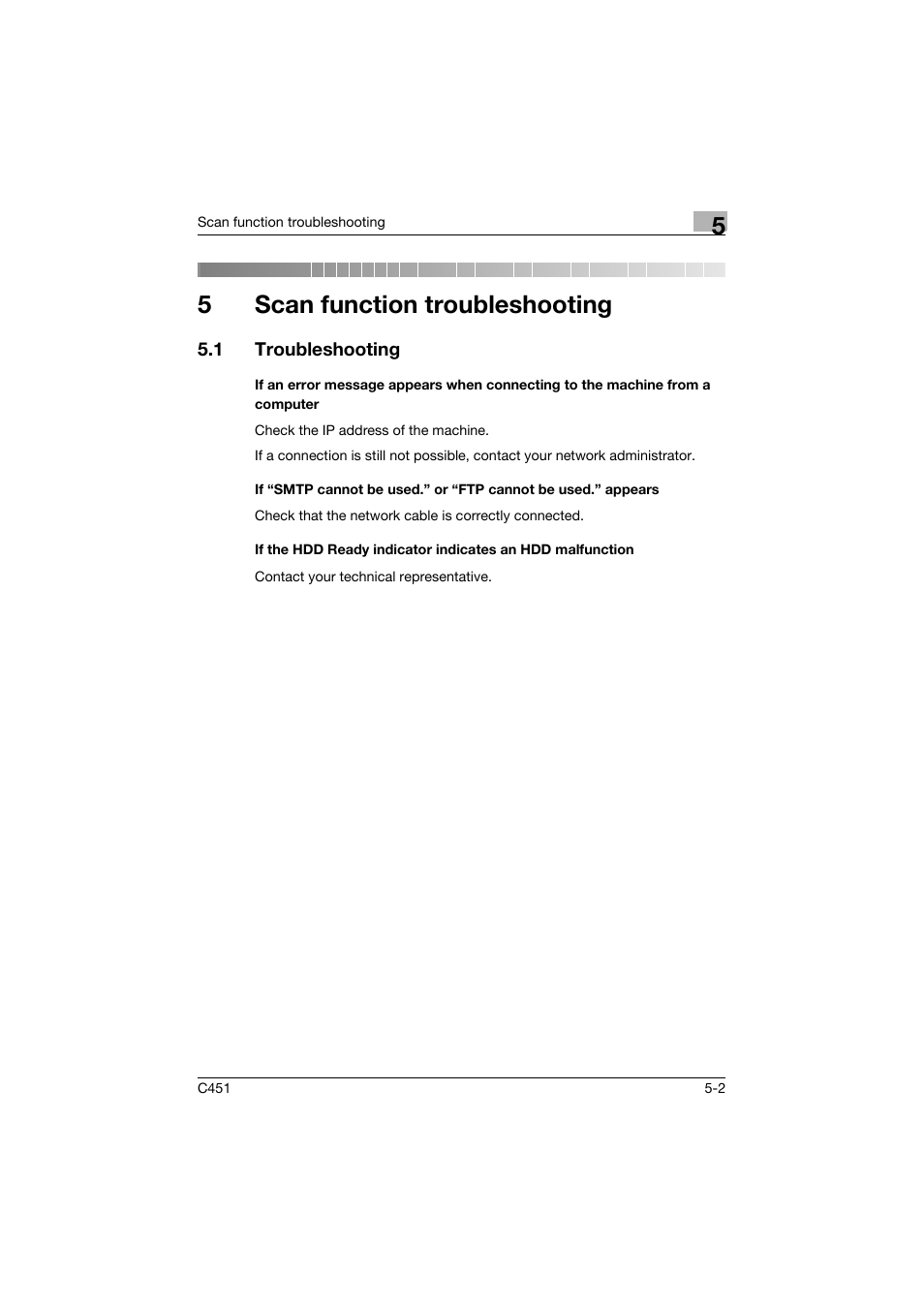 5 scan function troubleshooting, 1 troubleshooting, Scan function troubleshooting | Troubleshooting -2, 5scan function troubleshooting | Konica Minolta bizhub C451 User Manual | Page 393 / 413