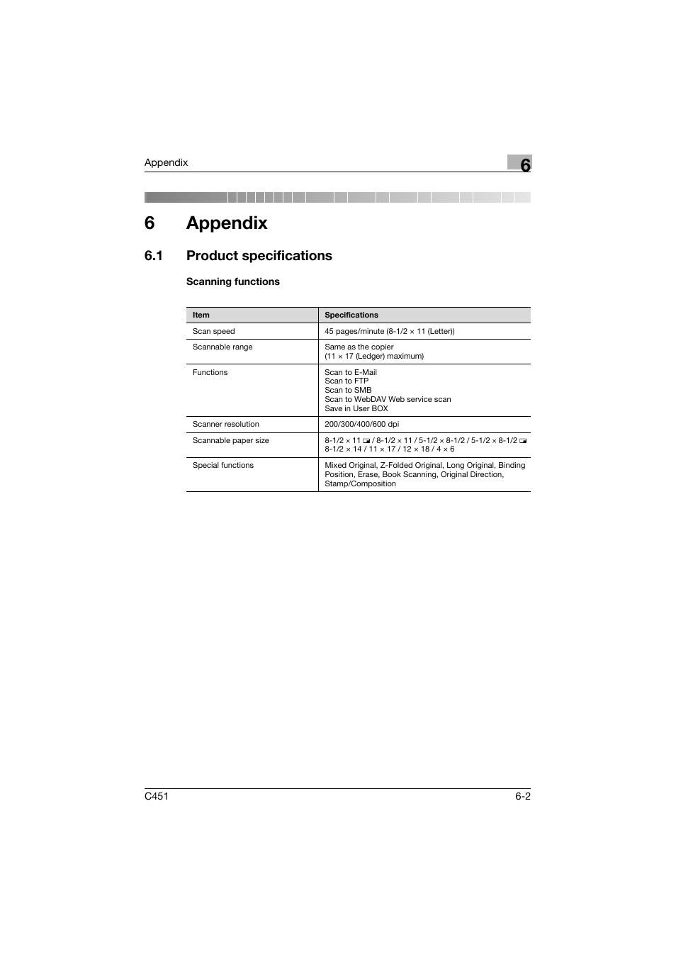 6 appendix, 1 product specifications, Scanning functions | Appendix, Product specifications -2, Scanning functions -2, Ter 6 appendix, 6appendix | Konica Minolta bizhub C451 User Manual | Page 396 / 413