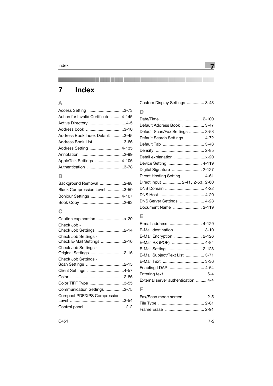 7 index, A to f, Index | R 7 index, 7index | Konica Minolta bizhub C451 User Manual | Page 410 / 413