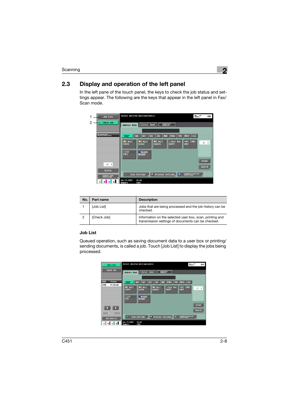 3 display and operation of the left panel, Job list, Display and operation of the left panel -8 | Job list -8 | Konica Minolta bizhub C451 User Manual | Page 47 / 413