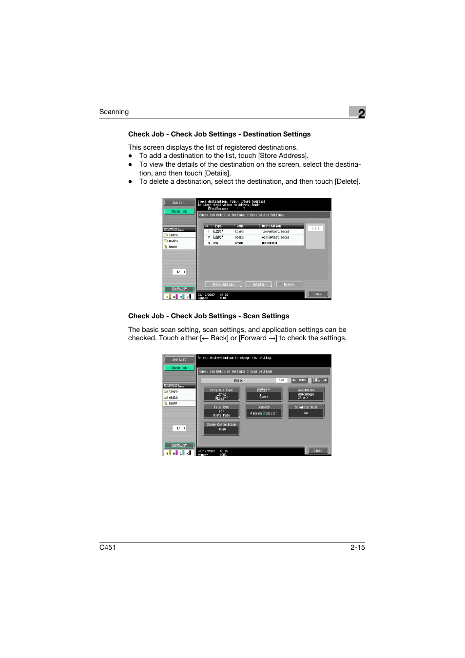 Check job - check job settings - scan settings | Konica Minolta bizhub C451 User Manual | Page 54 / 413