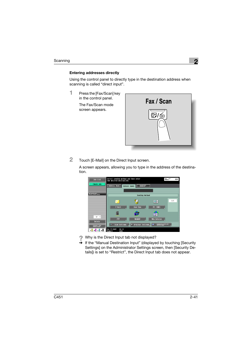 Entering addresses directly, Entering addresses directly -41, P. 2-41 | Konica Minolta bizhub C451 User Manual | Page 80 / 413