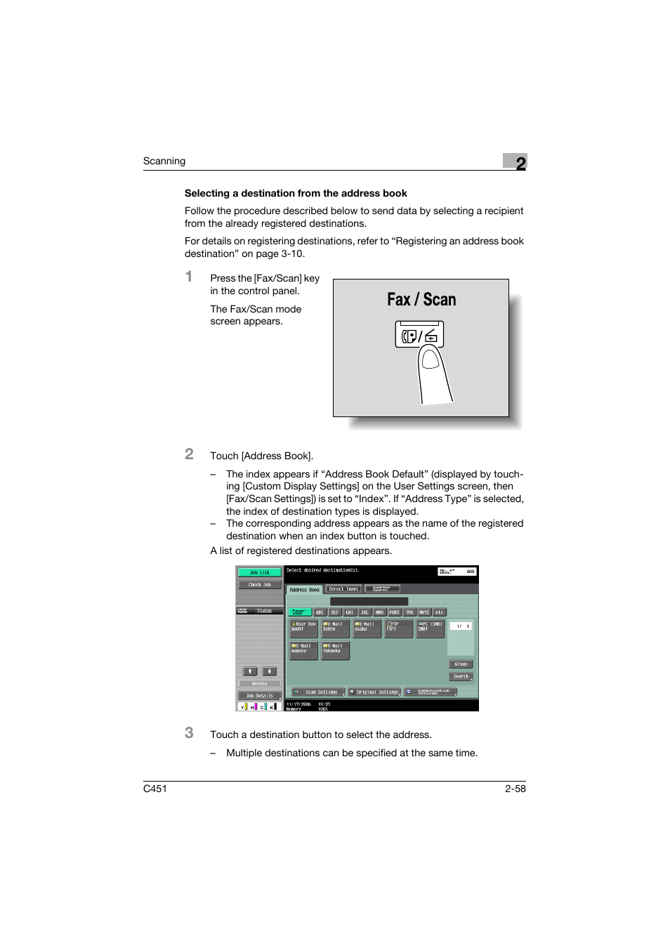 Selecting a destination from the address book, Selecting a destination from the address book -58, P. 2-58 | Konica Minolta bizhub C451 User Manual | Page 97 / 413